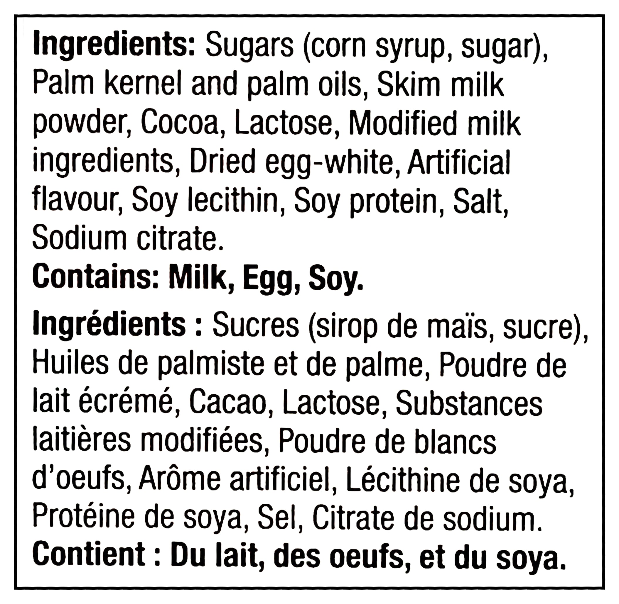 Charleston Chew, Mini Vanilla Nougat Milk Chocolate Chews, 113g/4 oz. Box - Ingredients Label