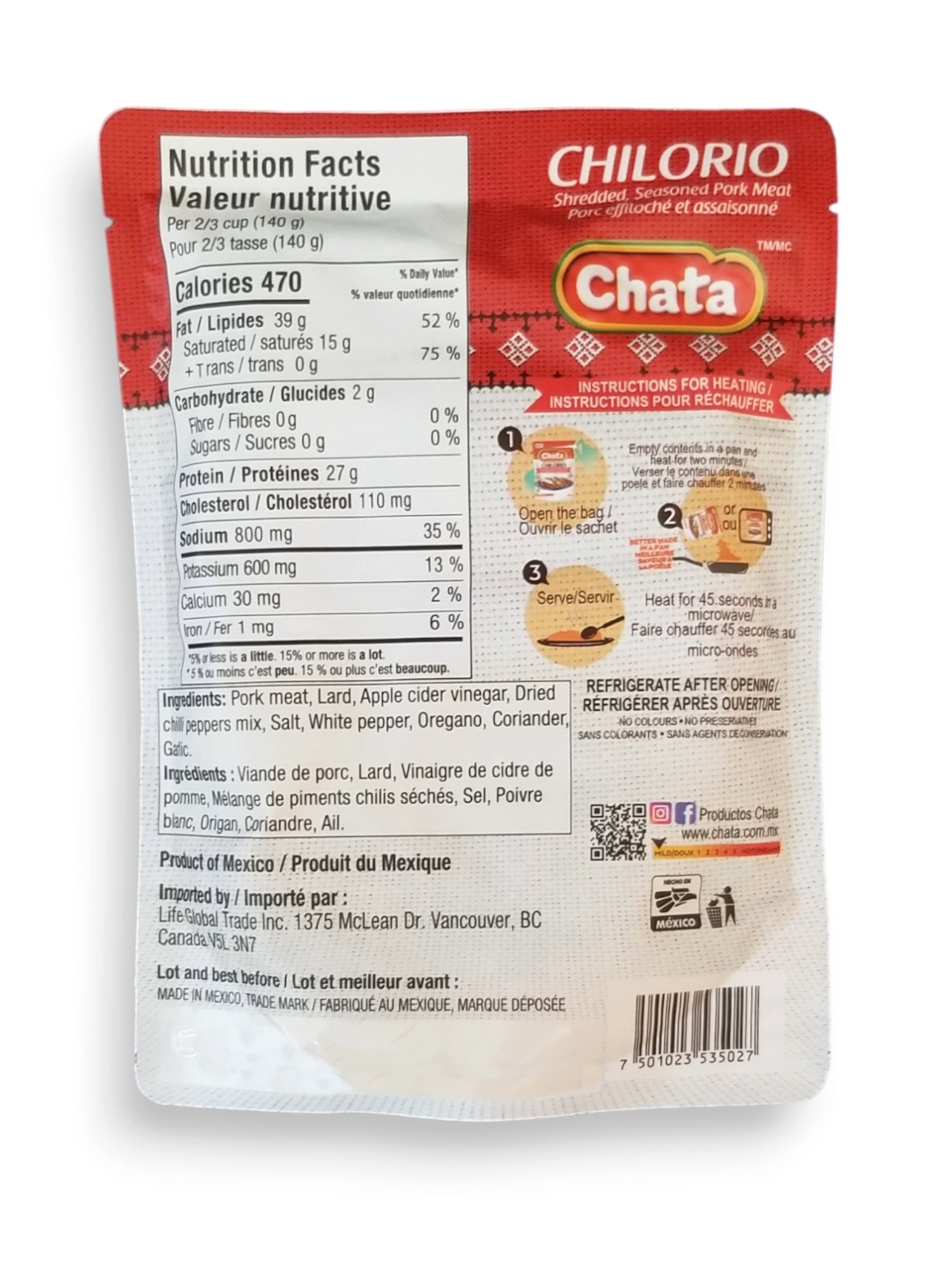 Chata Chilorio, Shredded, Seasoned Pork Meat, 250g/8.75 oz. Package