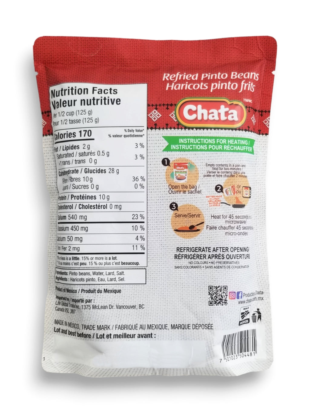 Chata Refried Pinto Beans, 430g/15 oz. Package