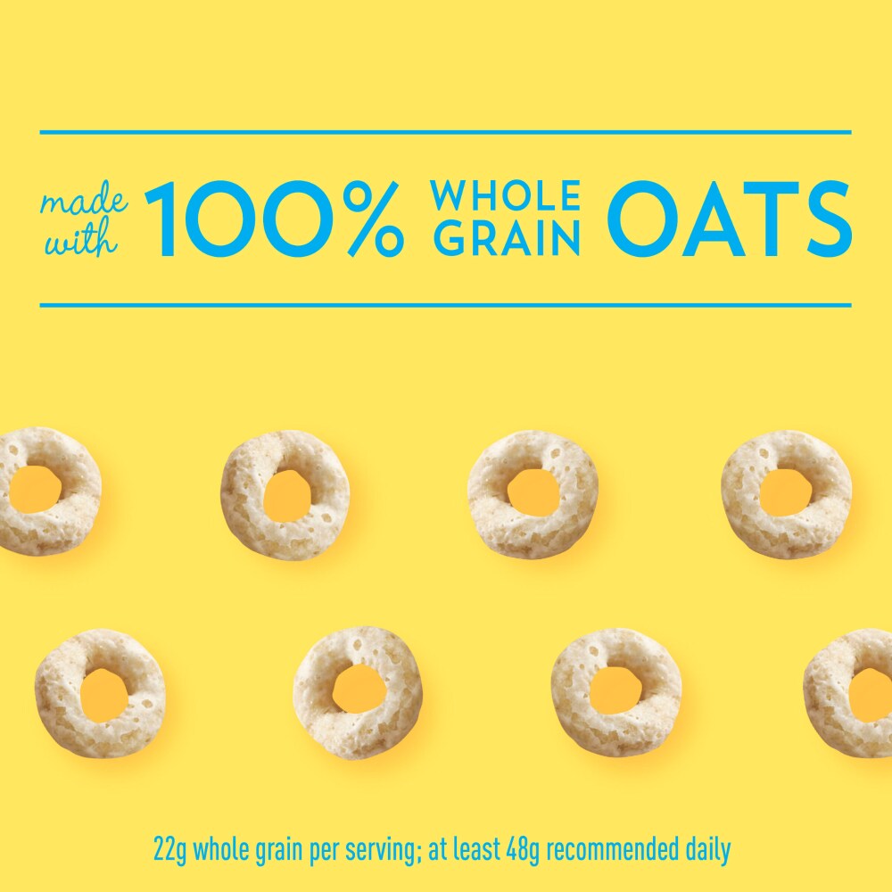 Cereal rings with '100% whole grain oats' text on a yellow background