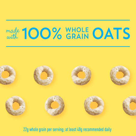 Cereal rings with '100% whole grain oats' text on a yellow background