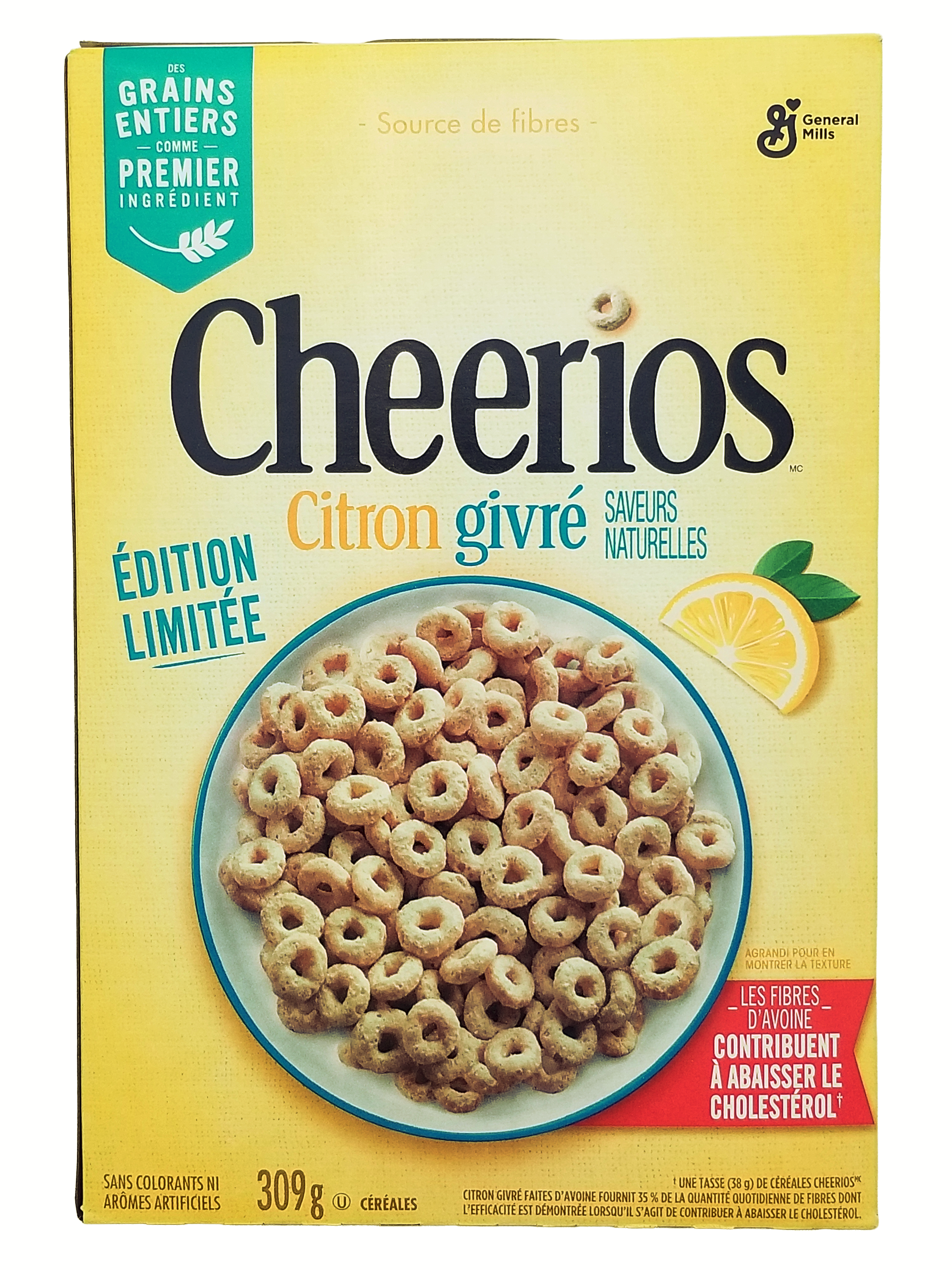 Back side of box of Box of Cheerios Frosted Lemon Cereal, 309g/10.8 oz with a yellow background.