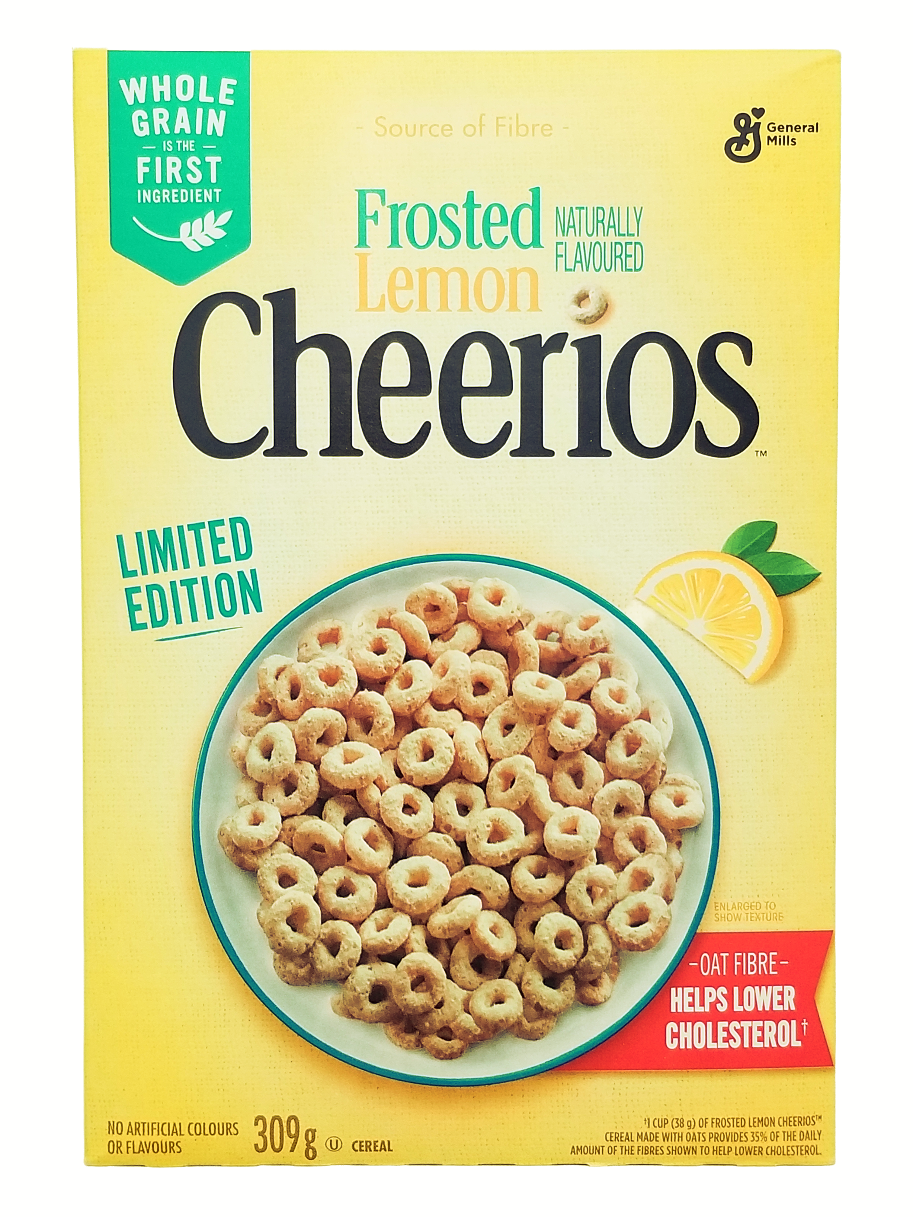 Front side of box of Cheerios Frosted Lemon Cereal, 309g/10.8 oz with lemon slices on a yellow background.