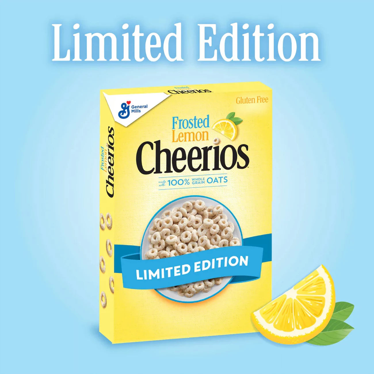 Box of Limited Edition Frosted Lemon Cheerios with a lemon wedge on a blue background
