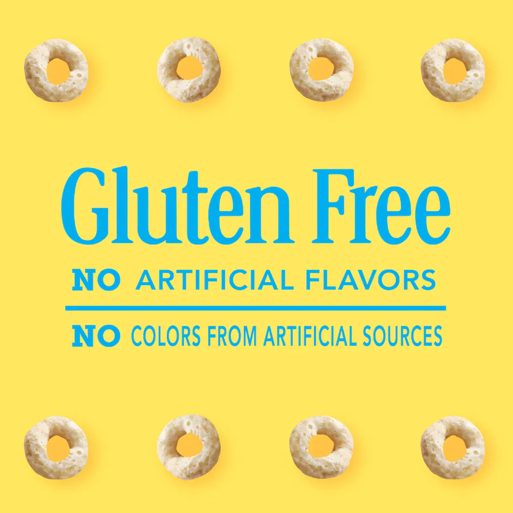 Gluten-free cereal loops with text on a yellow background