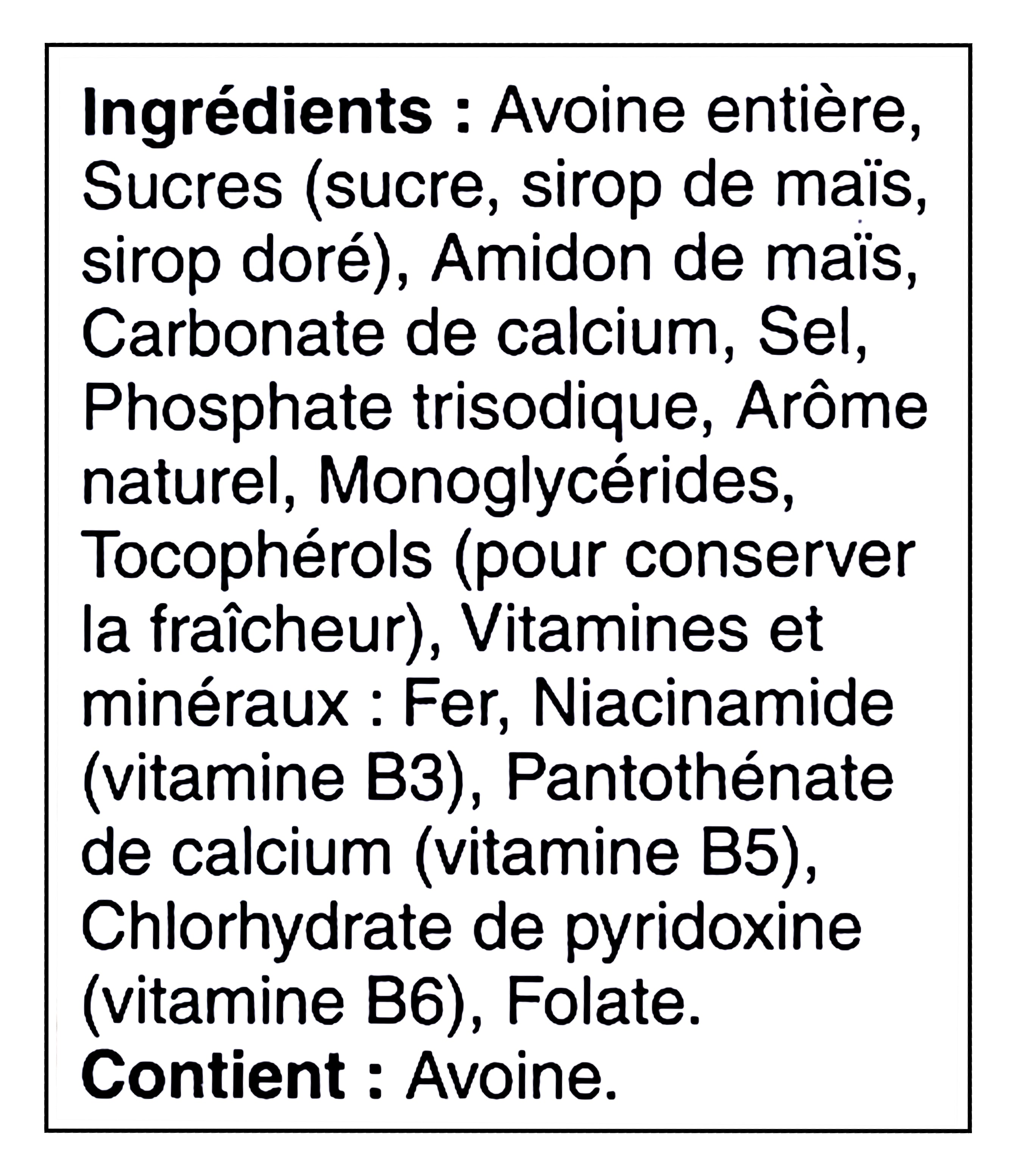 List of ingredients for Cheerios Frosted Lemon Cereal, 309g/10.8 oz with a black border in French