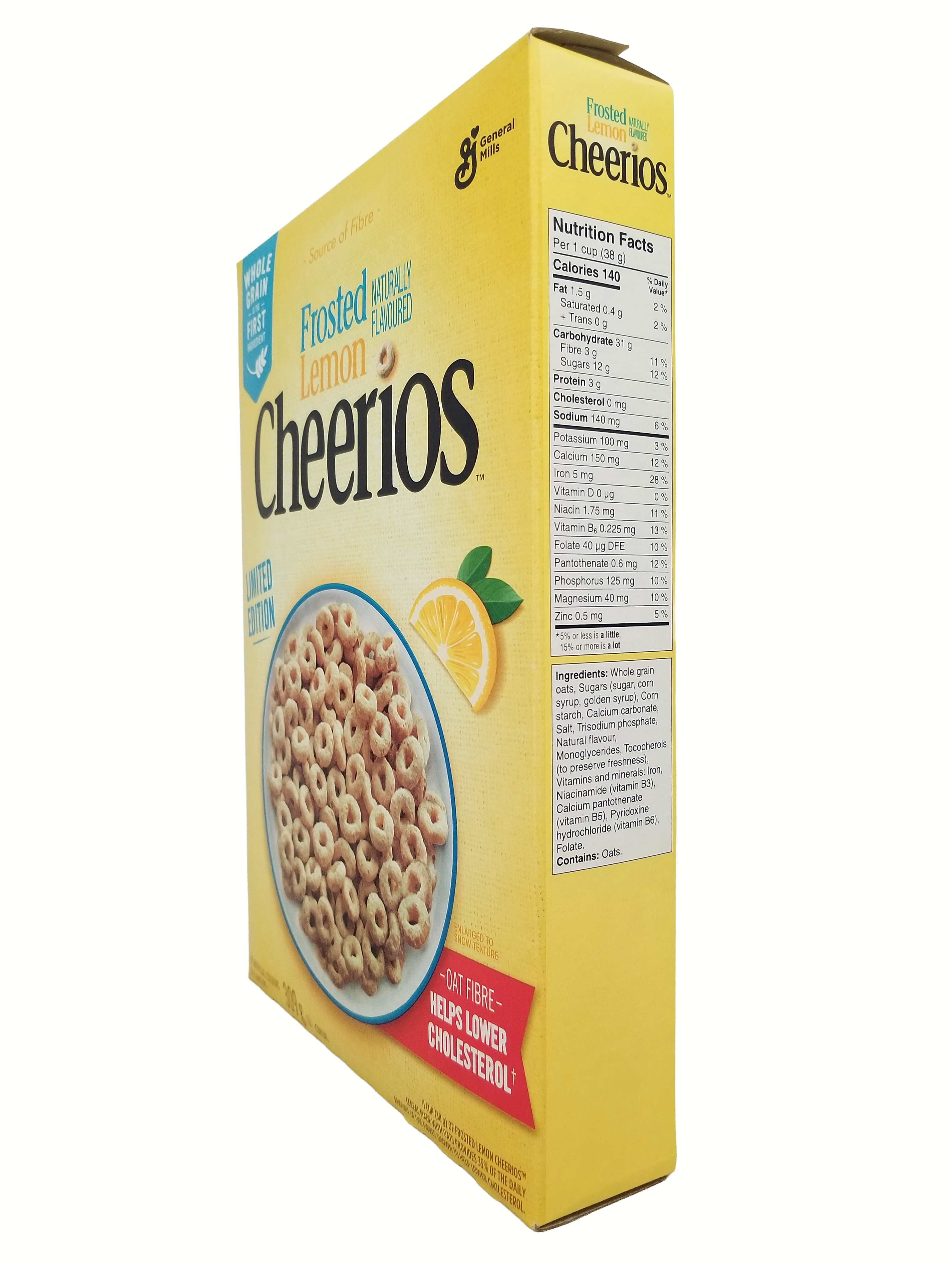 Box of Fruity Cheerios cereal with lemon flavor on a white background