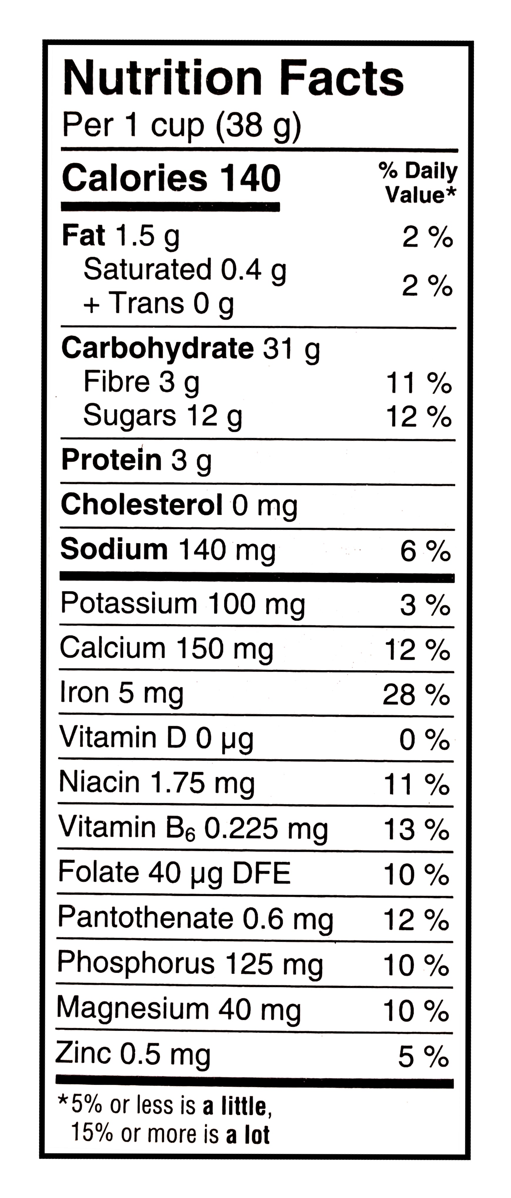 Nutrition facts label for Cheerios Frosted Lemon Cereal, 309g/10.8 oz