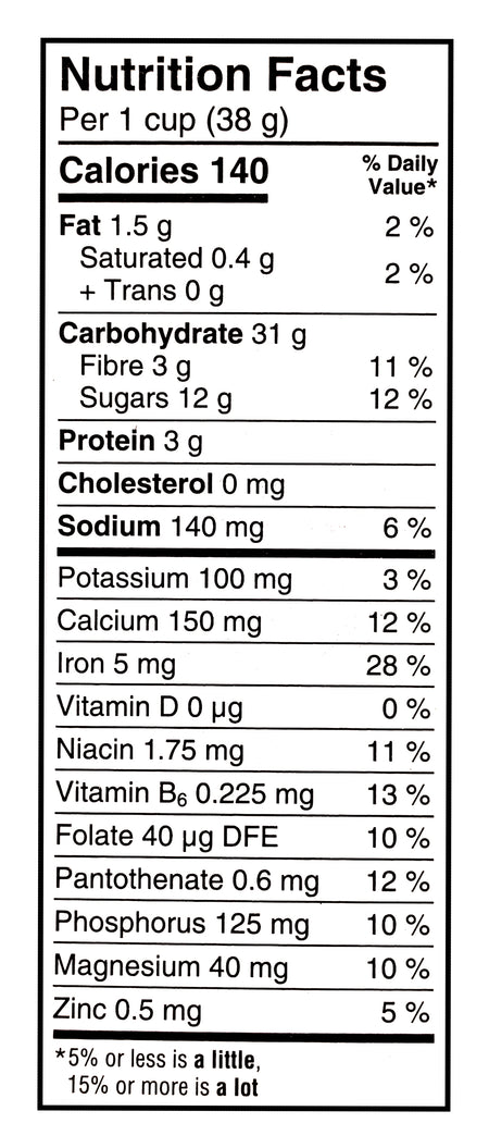 Nutrition facts label for Cheerios Frosted Lemon Cereal, 309g/10.8 oz