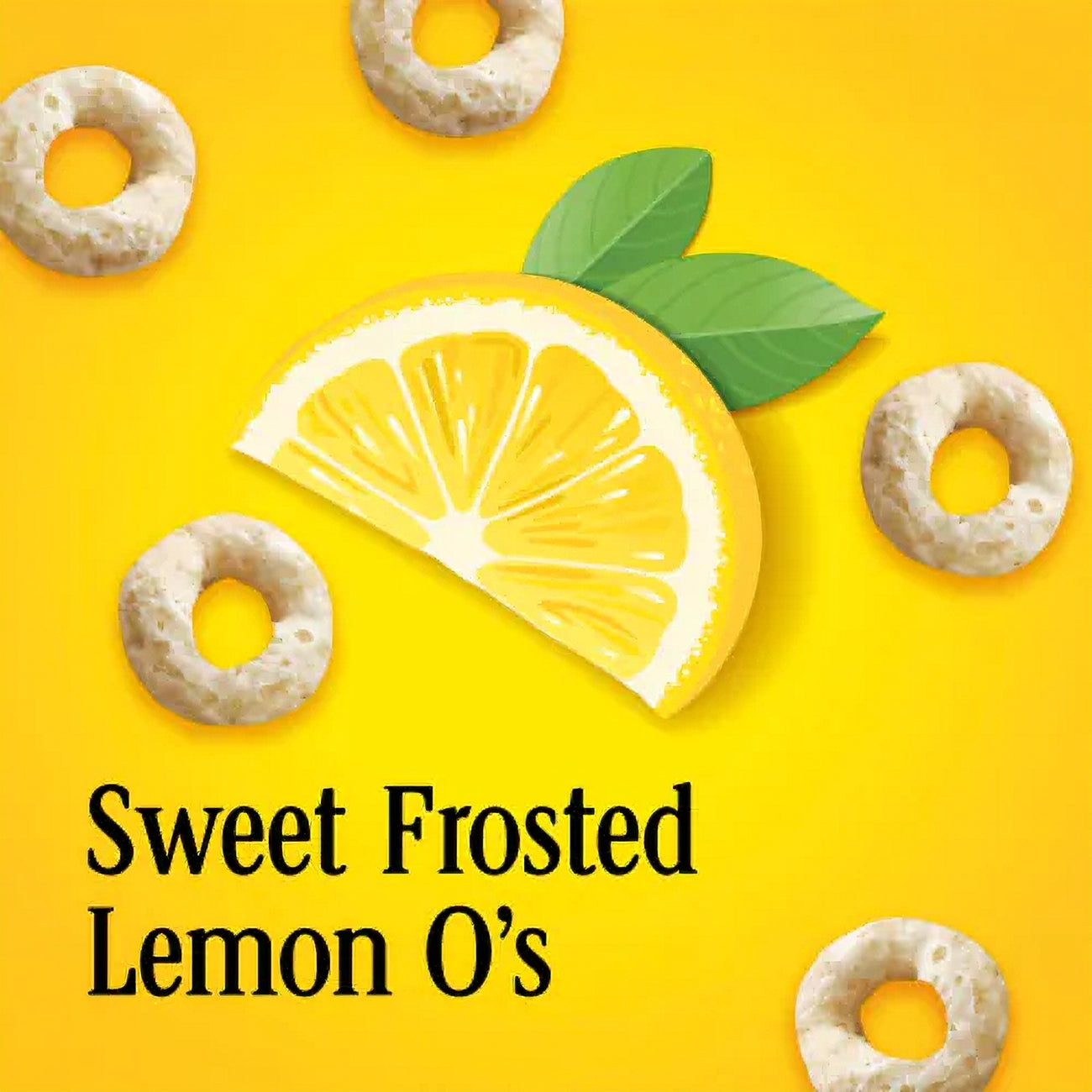 Sweet Frosted Lemon O's with lemon slice and leaves on a yellow background
