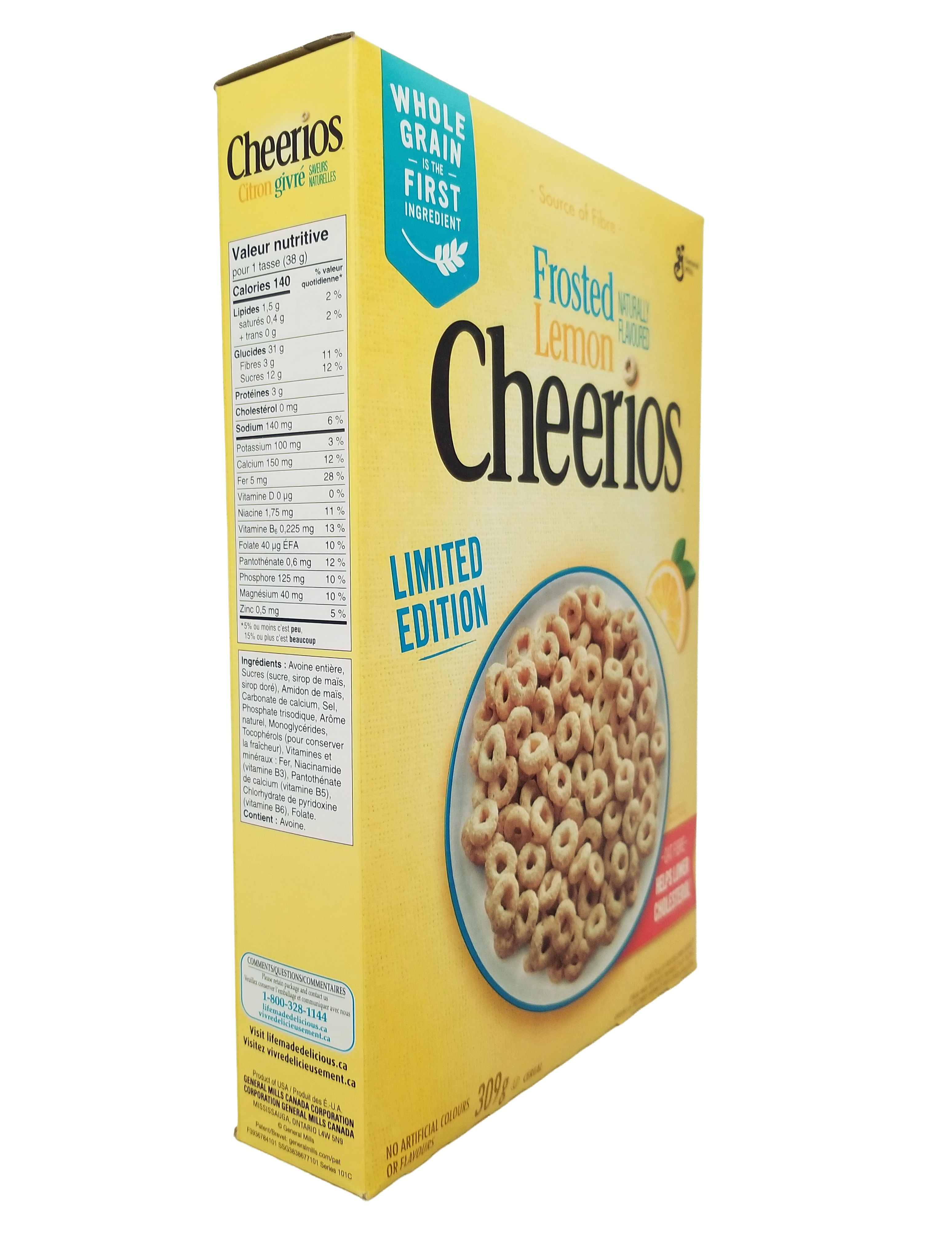 Box of Frosted Lemon Cheerios cereal on a white background