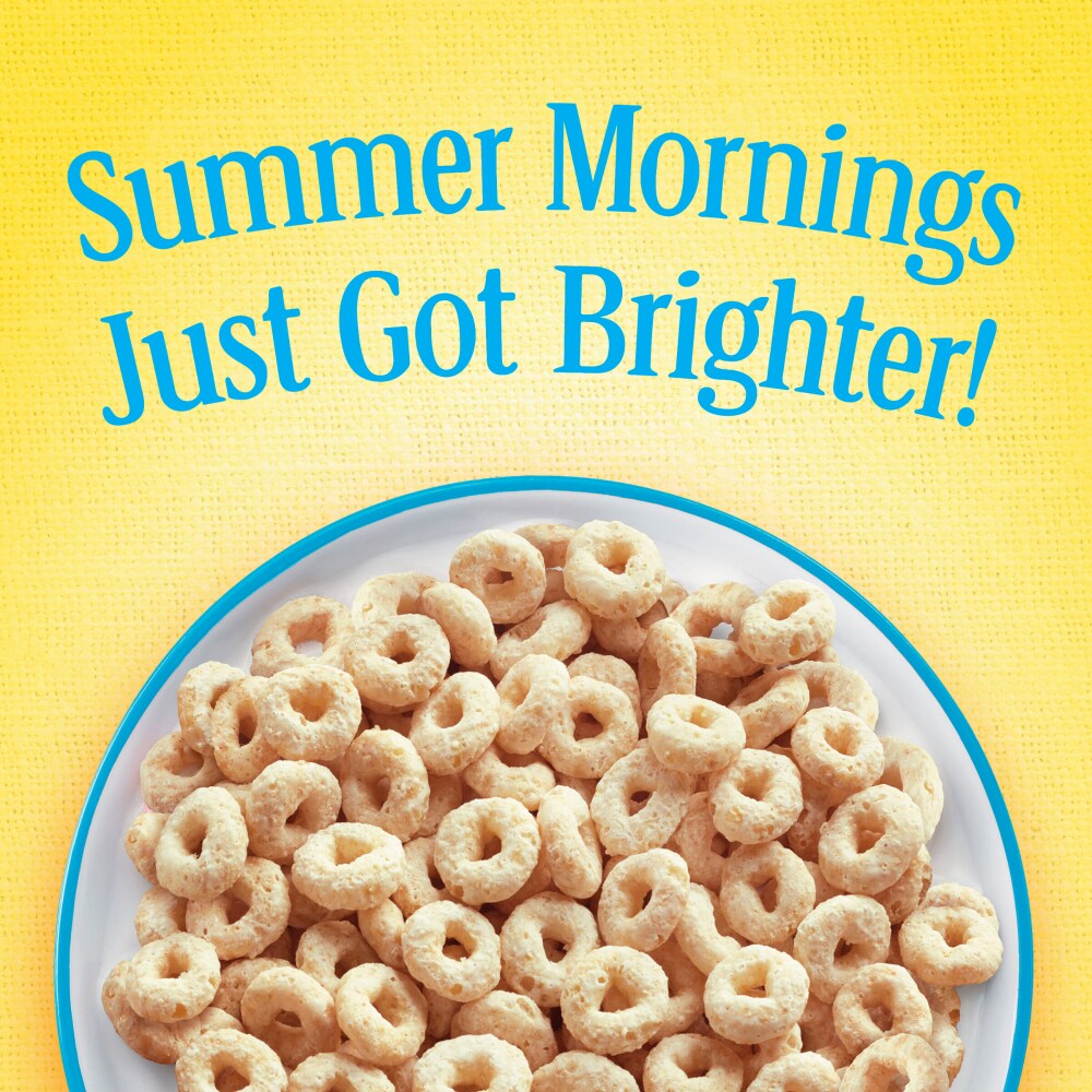Cereal rings on a plate with 'Summer Mornings Just Got Brighter!' text on a yellow background