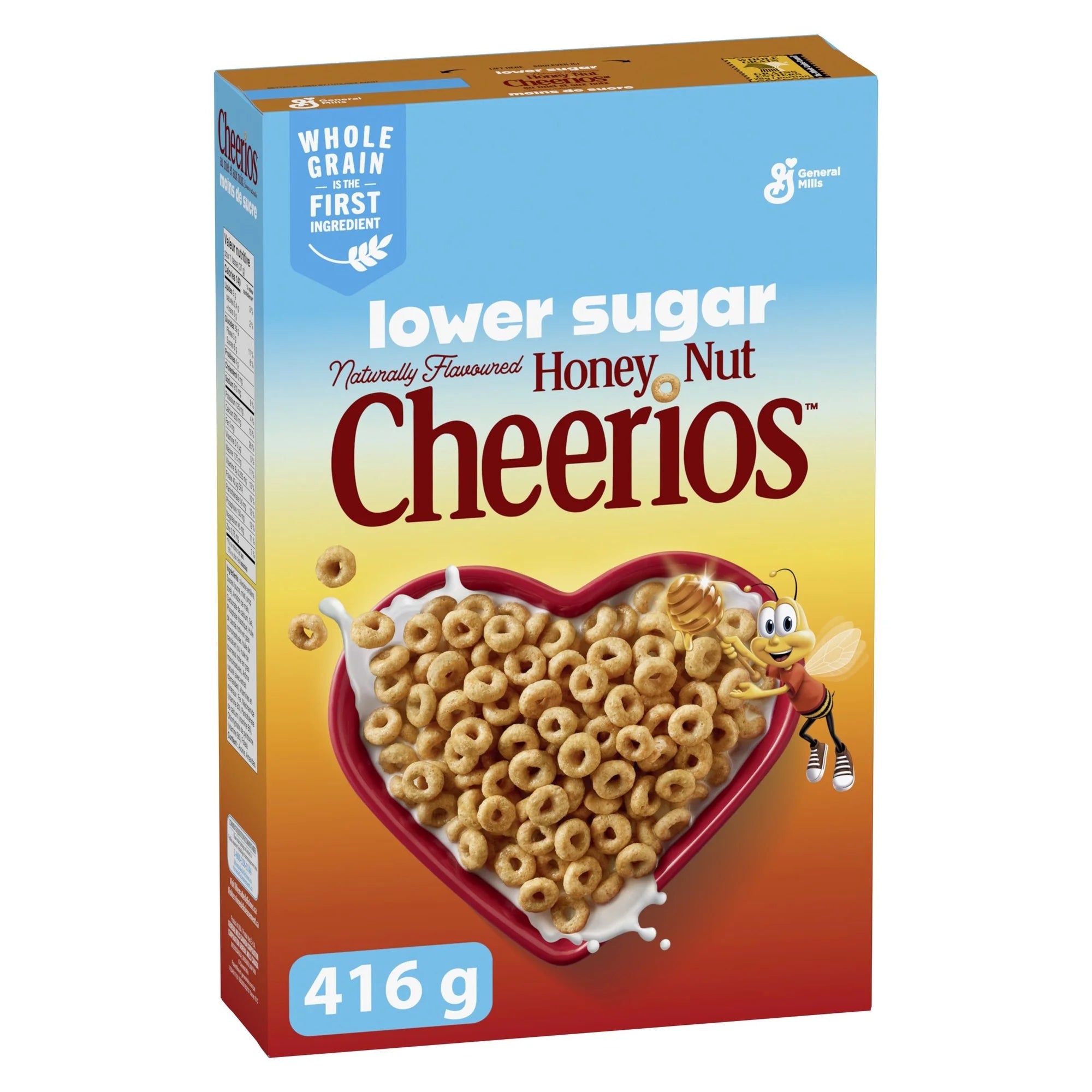 Box of Honey Nut Cheerios cereal with a heart-shaped bowl and cartoon bee on a white background
