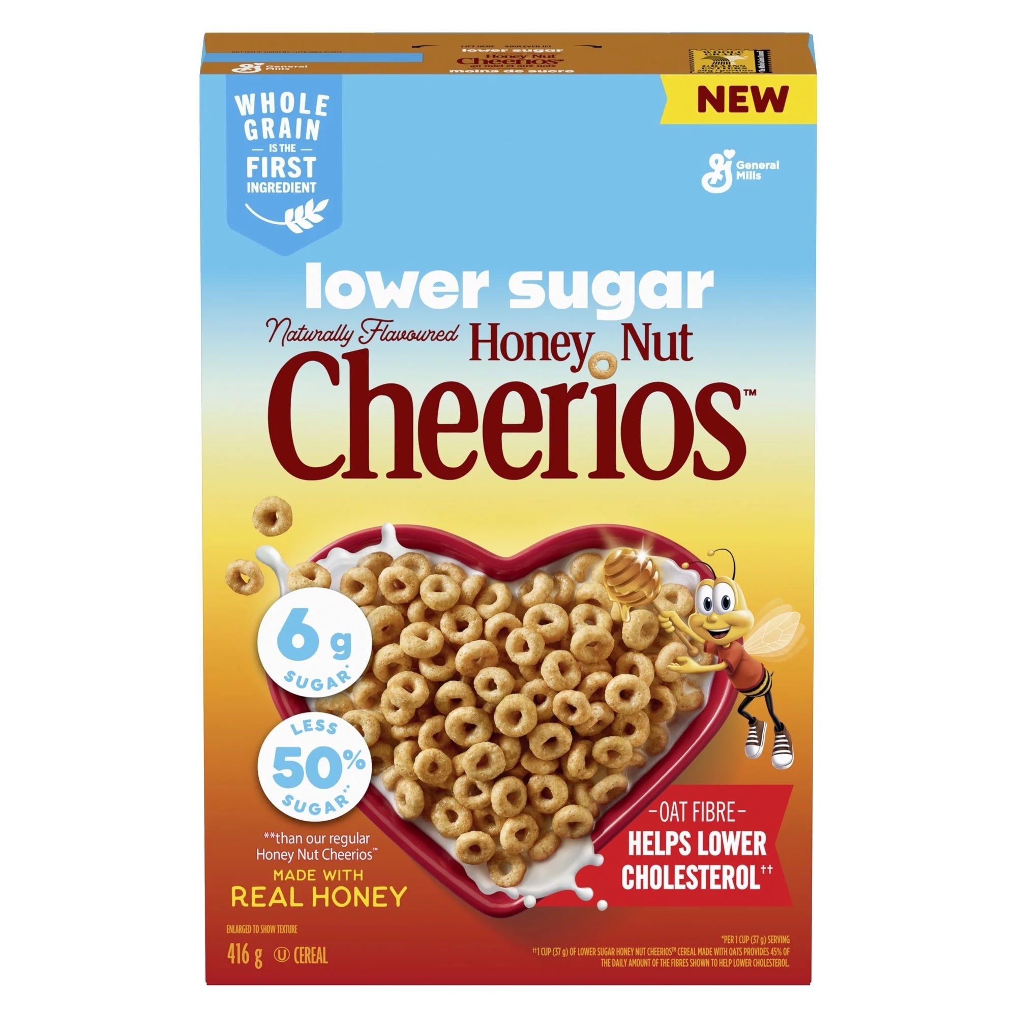 Box of General Mills Honey Nut Cheerios 416g with a bee character on a white background