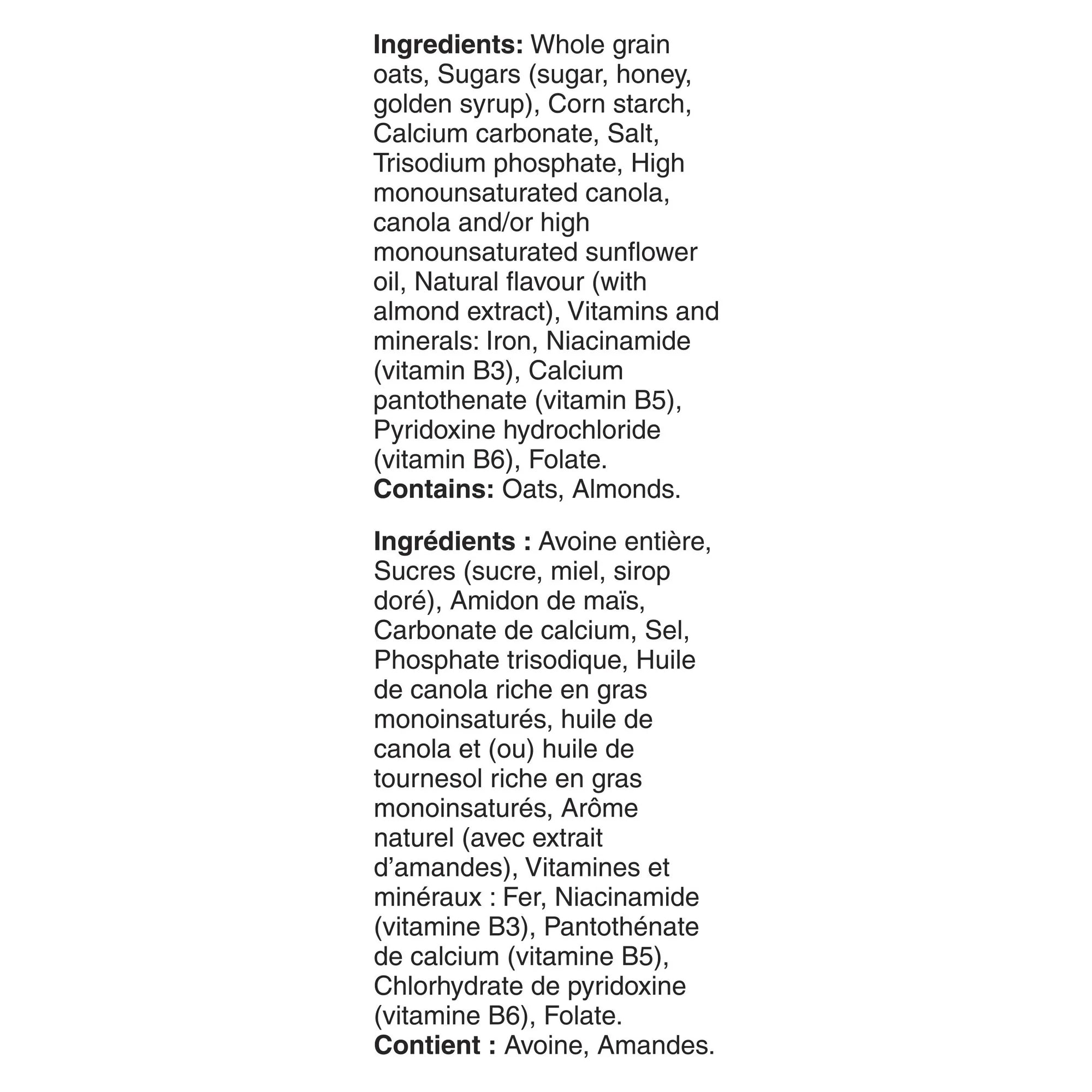 List of ingredients and allergens for a Cheerios Honey Nut Lower Sugar Cereal 416g package on a white background