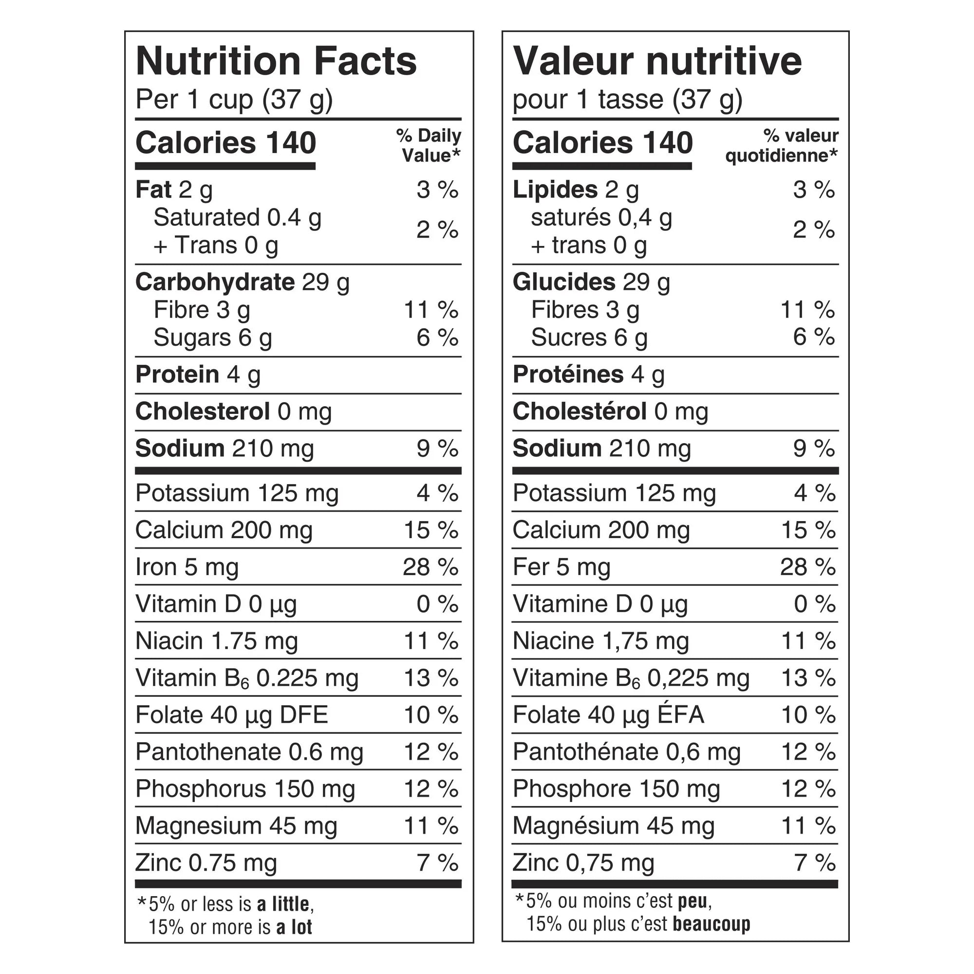 Nutrition facts label for a Cheerios Honey Nut Lower Sugar Cereal 416g package showing both English and French versions.