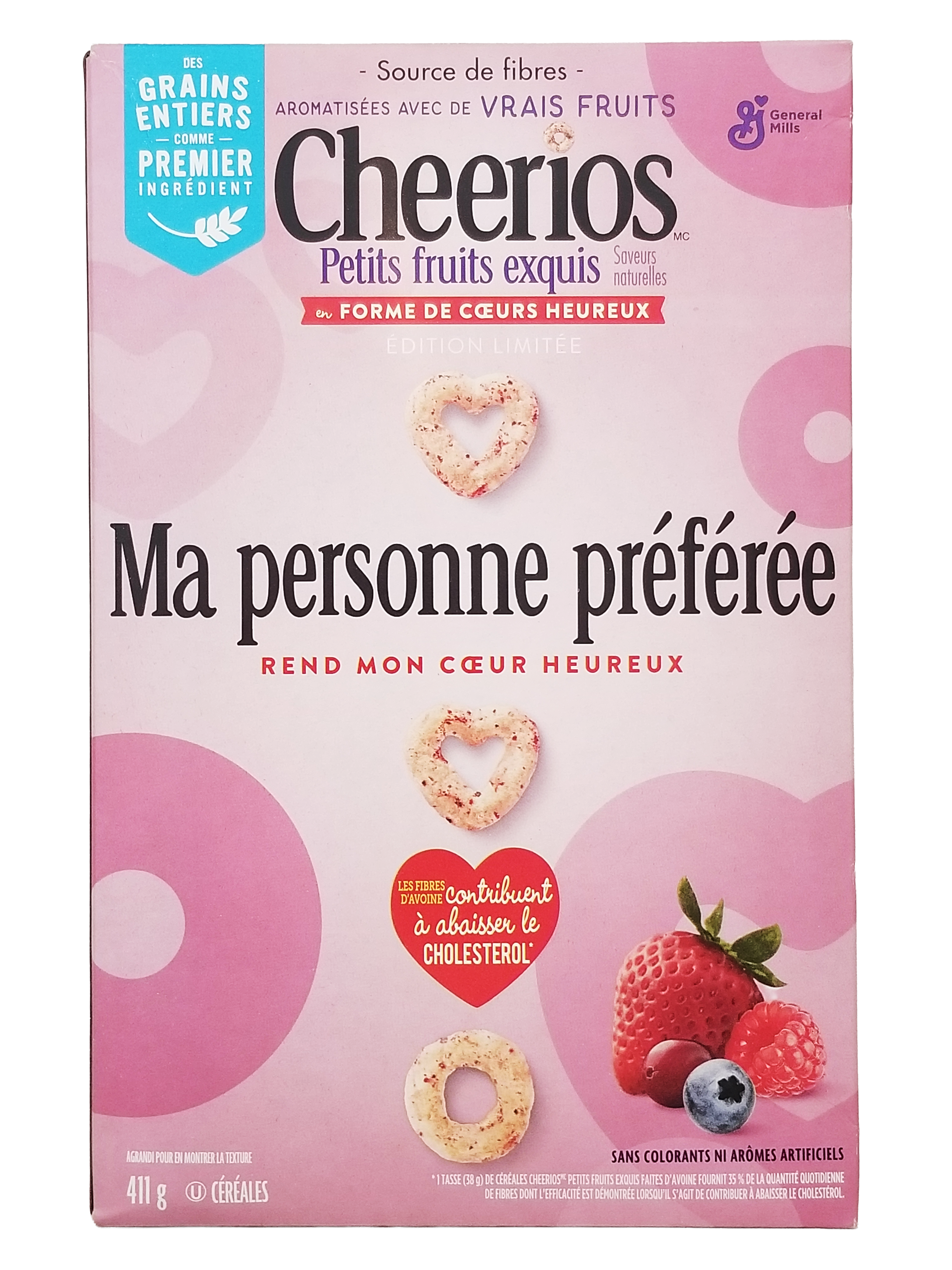 Pink box of Cheerios Very Berry Cereal, With Happy Hearts Shapes, 411g/14.4 oz with fruit and heart-shaped cookies on a white background