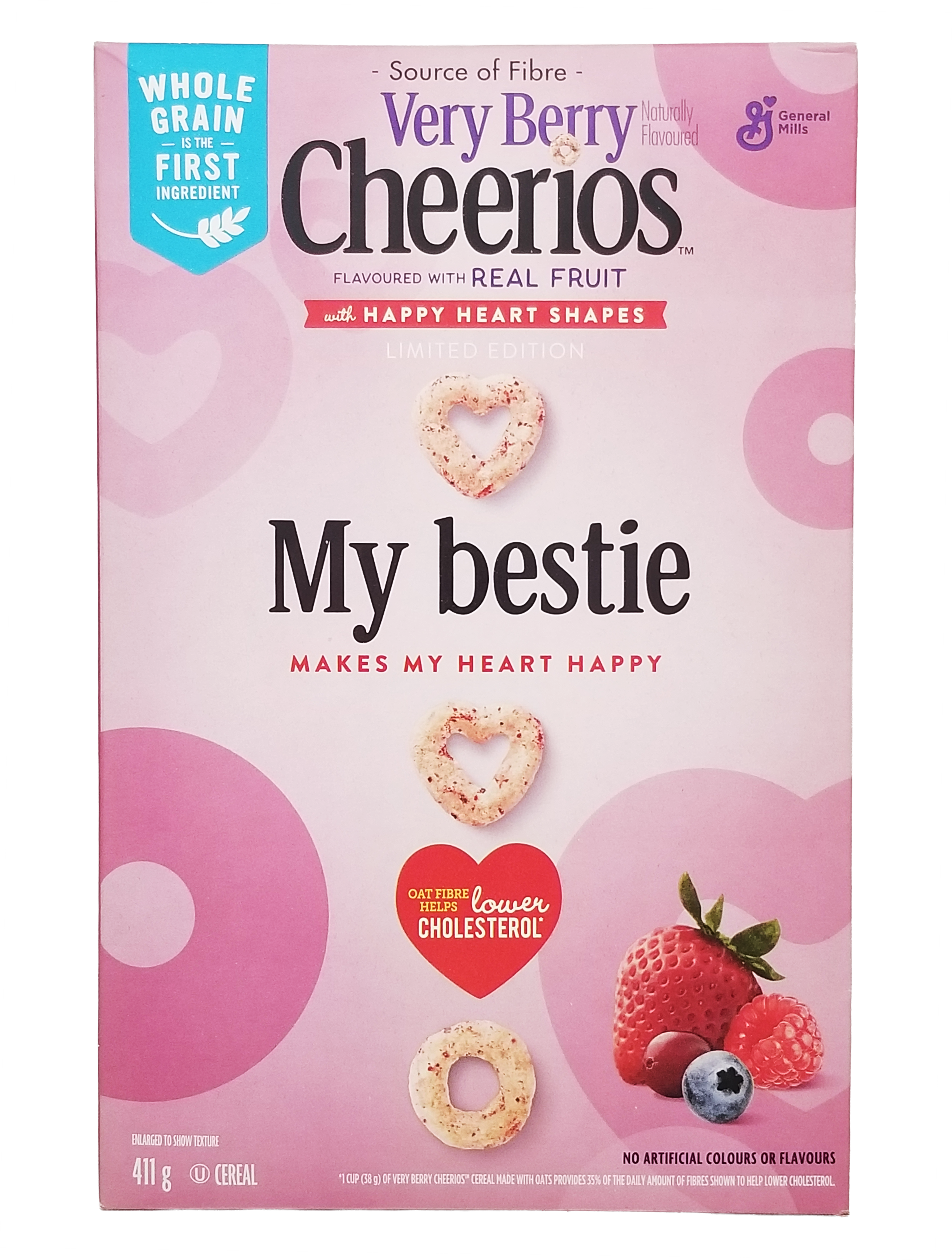 Pink box of Cheerios Very Berry Cereal, With Happy Hearts Shapes, 411g/14.4 oz with heart-shaped cereal pieces and fruit illustrations.