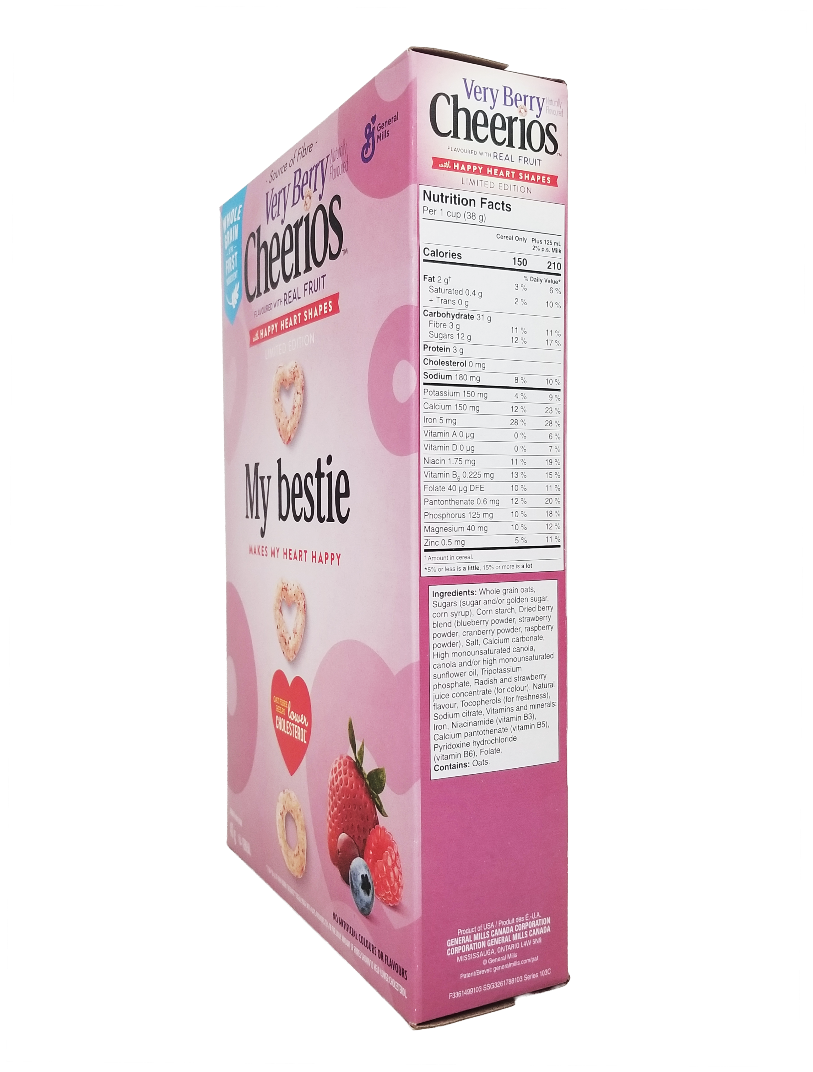 Pink box of Cheerios Very Berry Cereal, With Happy Hearts Shapes, 411g/14.4 oz with berry graphics on a white background
