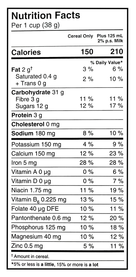 Nutrition facts label for Cheerios Very Berry Cereal, With Happy Hearts Shapes, 411g/14.4 oz