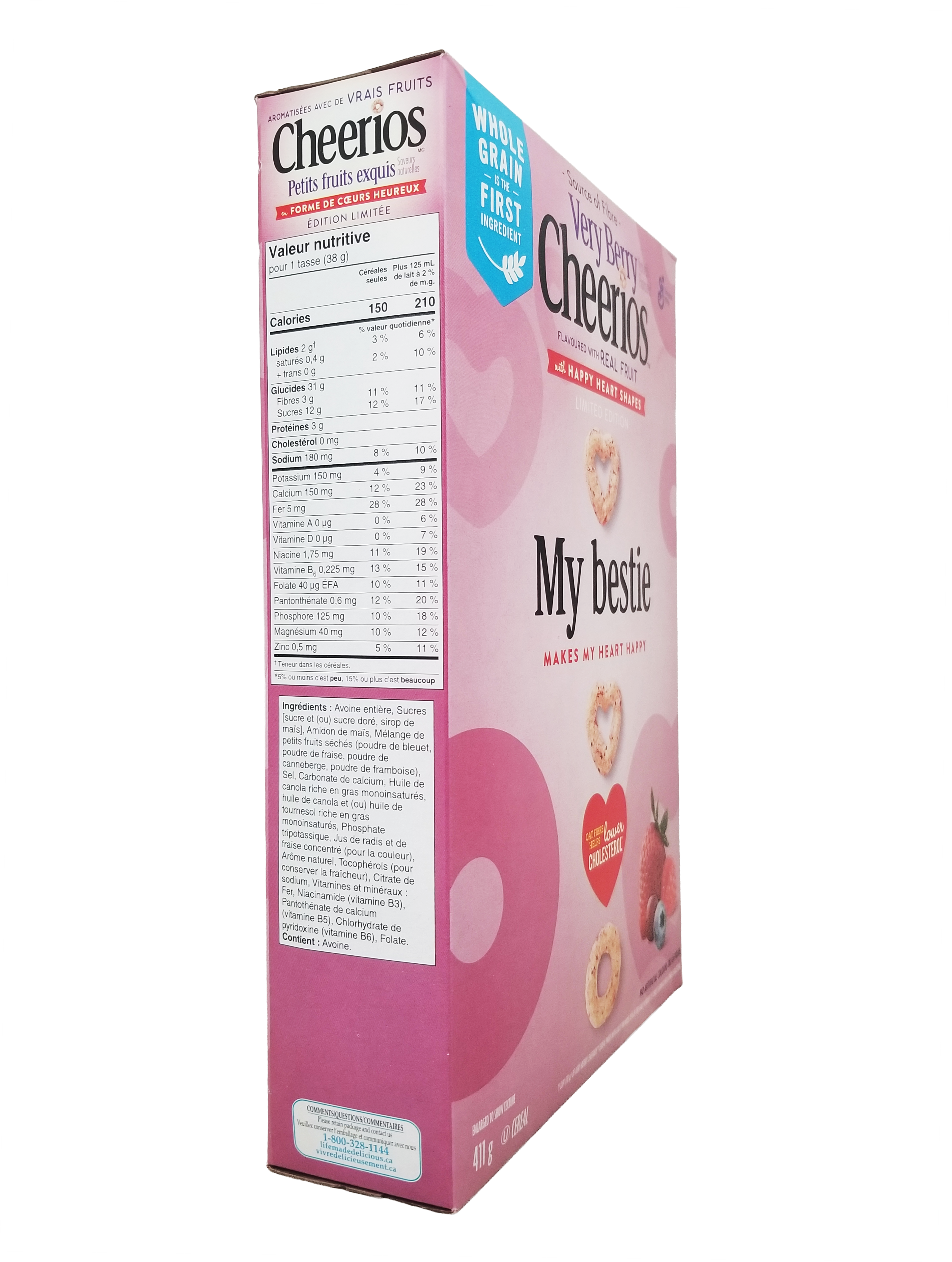 Pink box of Cheerios Very Berry Cereal, With Happy Hearts Shapes, 411g/14.4 oz with a heart design on a white background