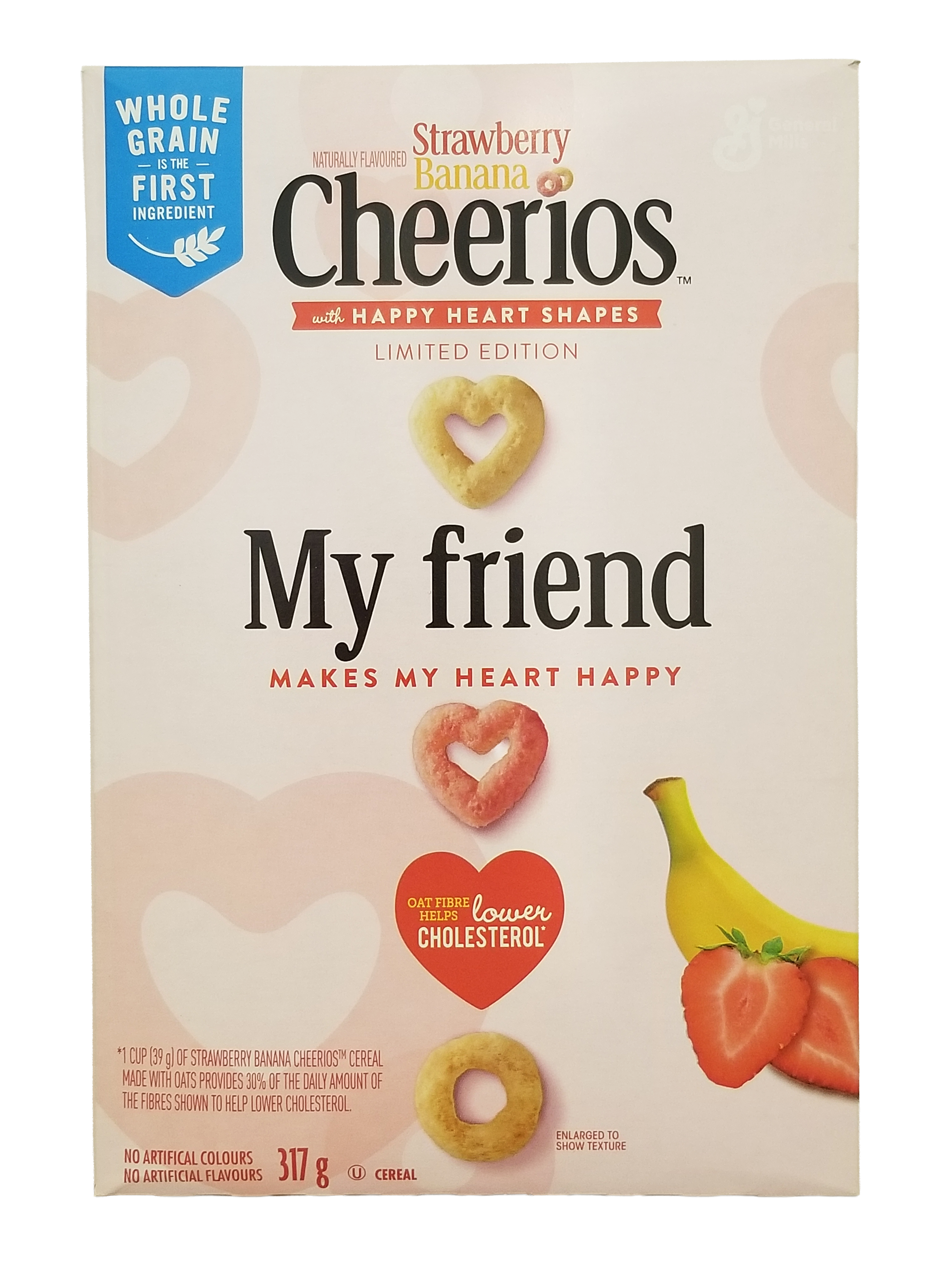 Box of Strawberry Banana Cheerios cereal with heart shapes and a banana and strawberry on the side.