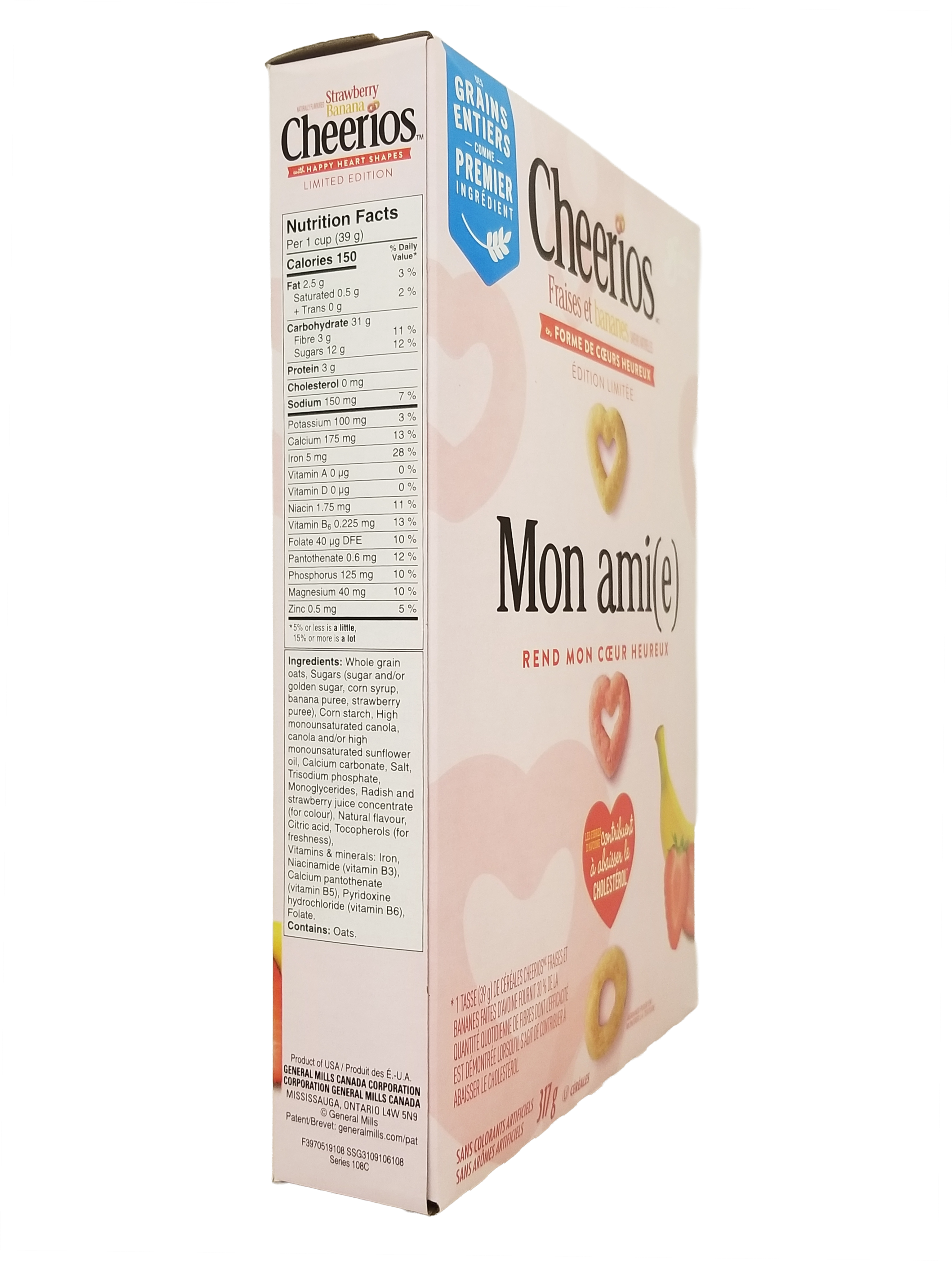 Box of Cheerios Strawberry Banana Cereal, With Happy Hearts Shapes, 317g/11.1 oz on a white background