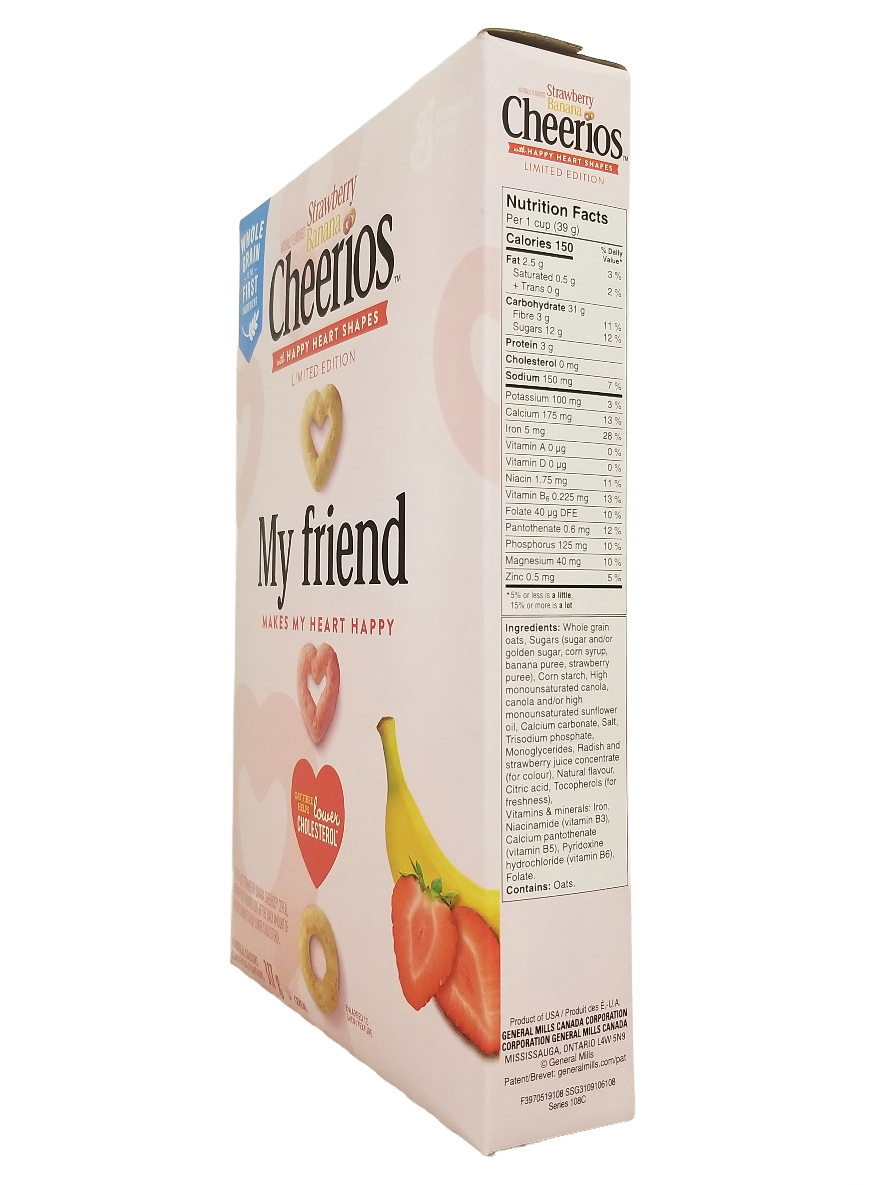 Box of Cheerios Strawberry Banana Cereal, With Happy Hearts Shapes, 317g/11.1 oz with colorful graphics and text on a white background