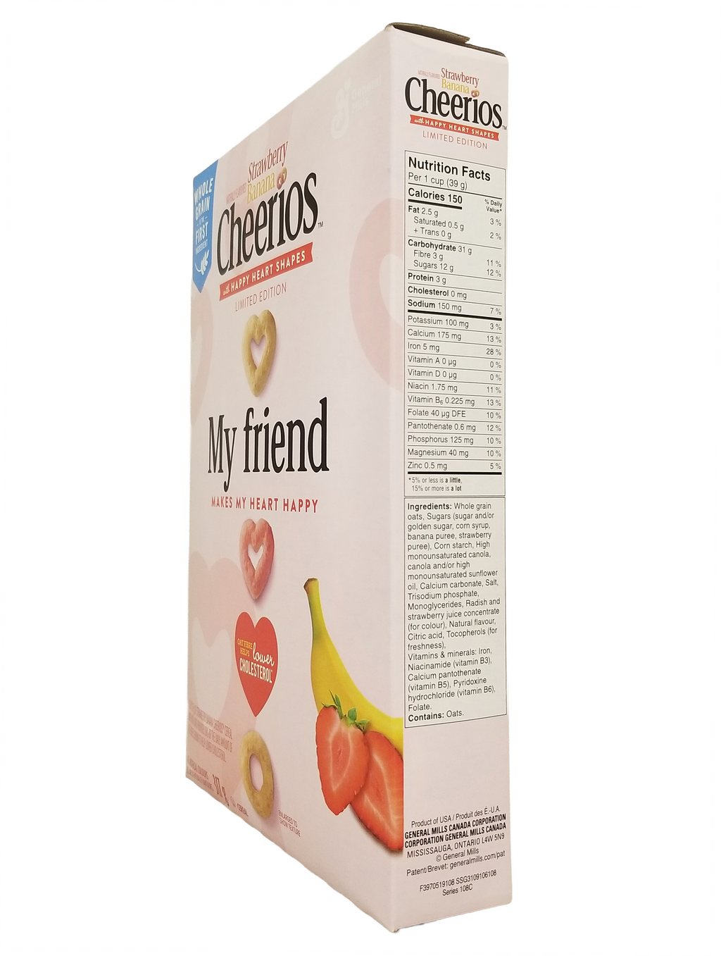 Box of Cheerios Strawberry Banana Cereal, With Happy Hearts Shapes, 317g/11.1 oz with colorful graphics and text on a white background