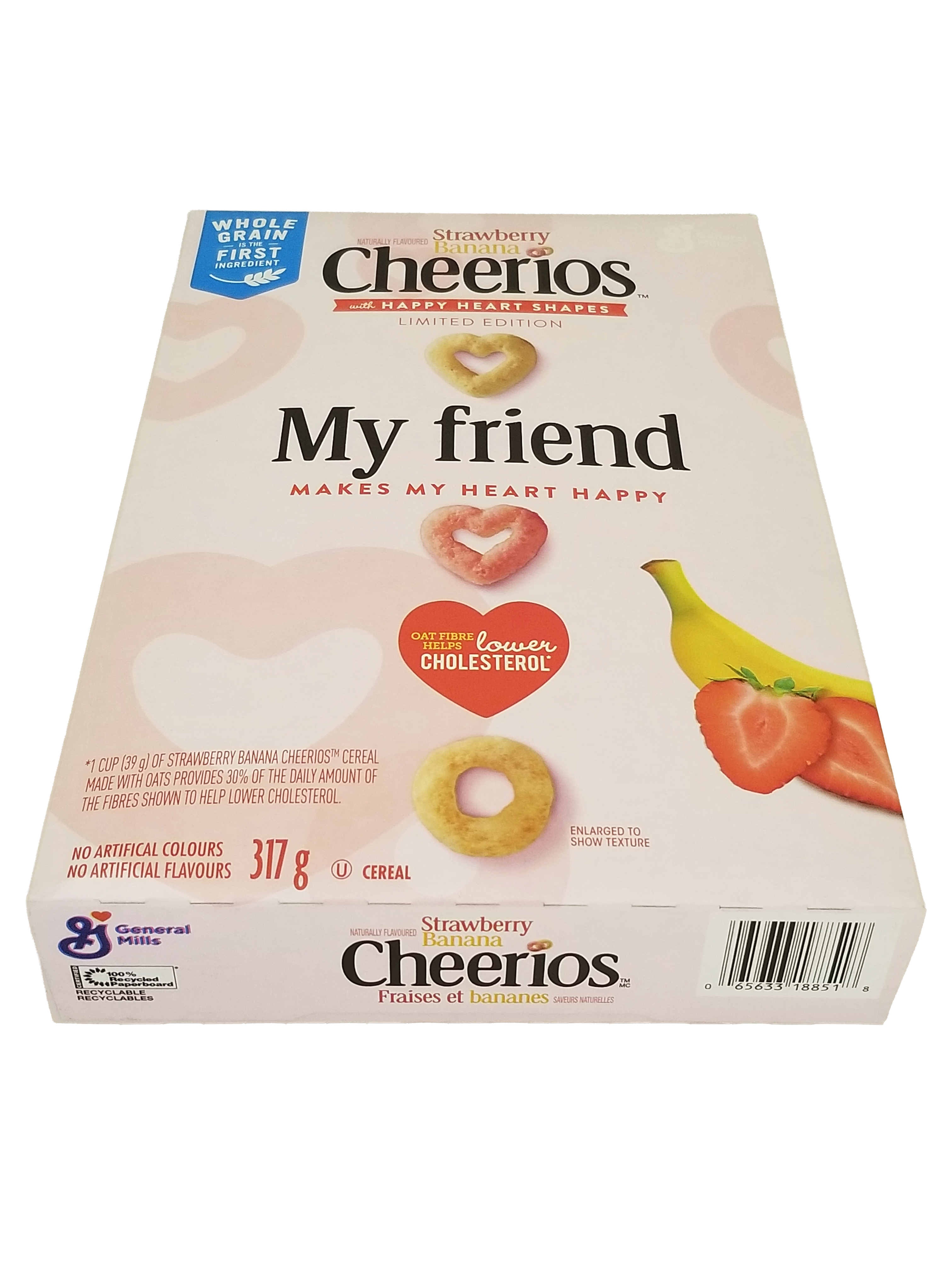 Box of Cheerios Strawberry Banana Cereal, With Happy Hearts Shapes, 317g/11.1 oz with fruit illustrations on a white background