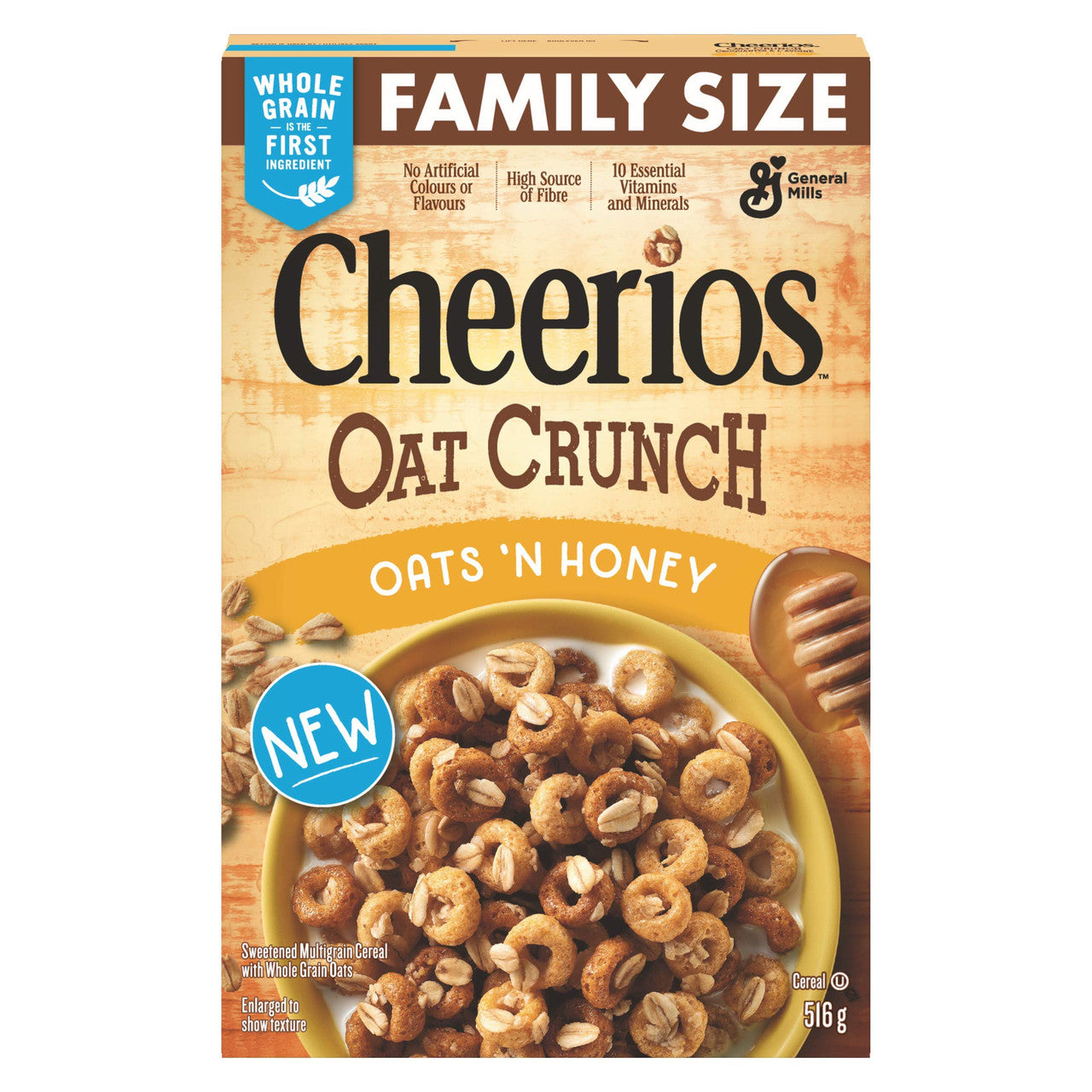 Cheerios Oat Crunch Oats 'N Honey Cereal, 516g/18.2 oz., Box Front Side