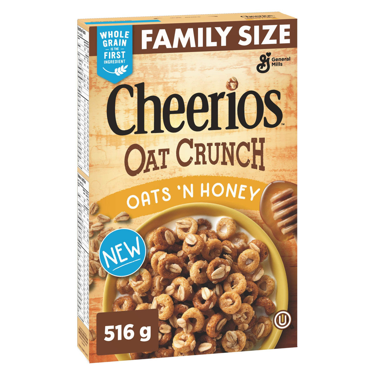 Cheerios Oat Crunch Oats 'N Honey Cereal, 516g/18.2 oz., Box Left Angle