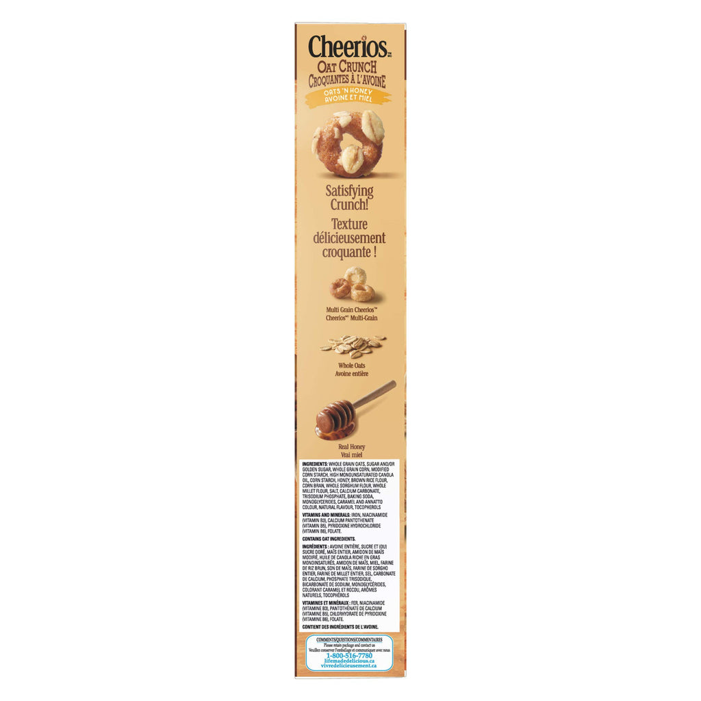 Cheerios Oat Crunch Oats 'N Honey Cereal, 516g/18.2 oz., Box Right Side