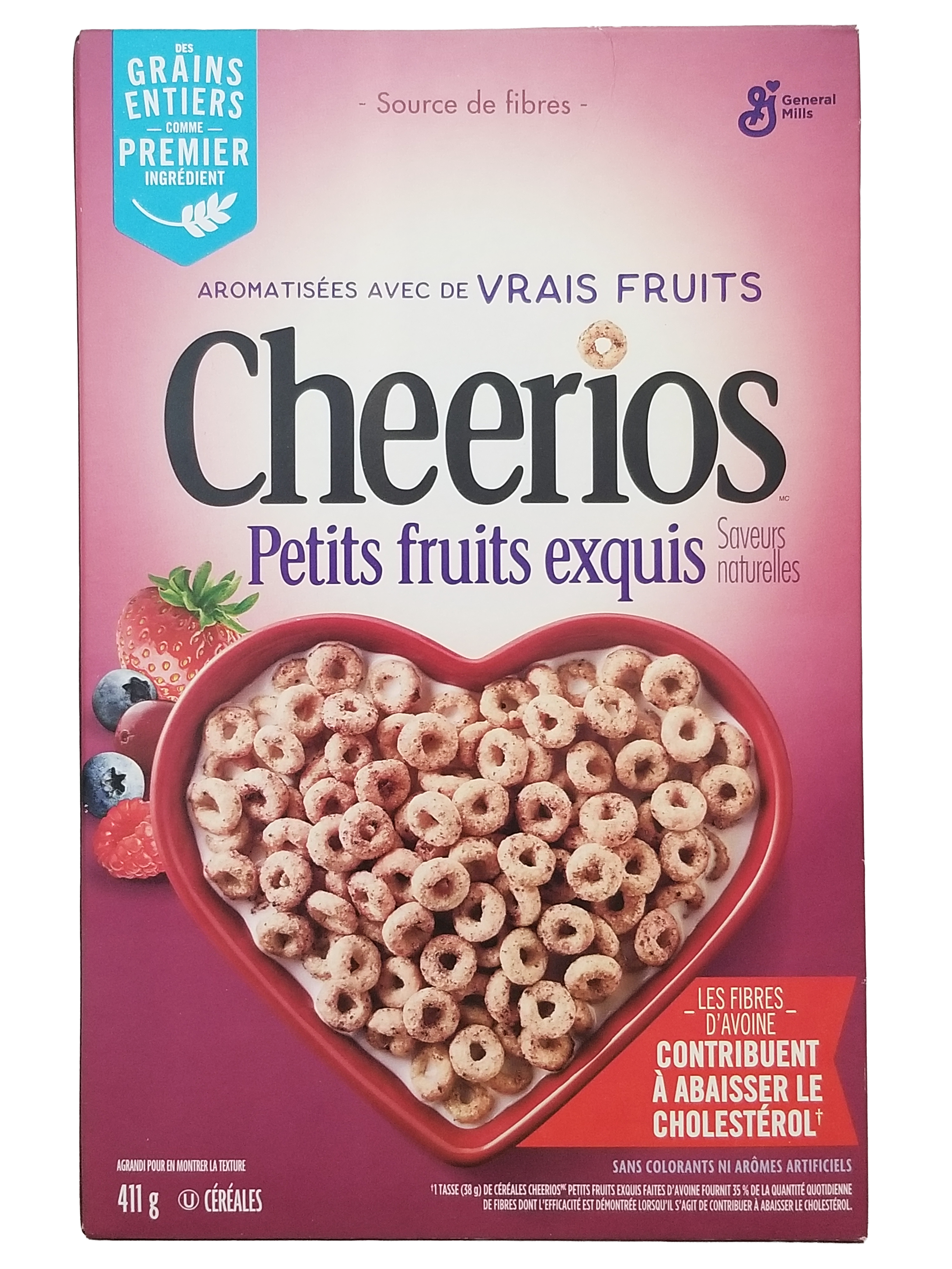 Box of Cheerios Very Berry Cereal, 411g/14.4 oz with fruit flavor on a pink background