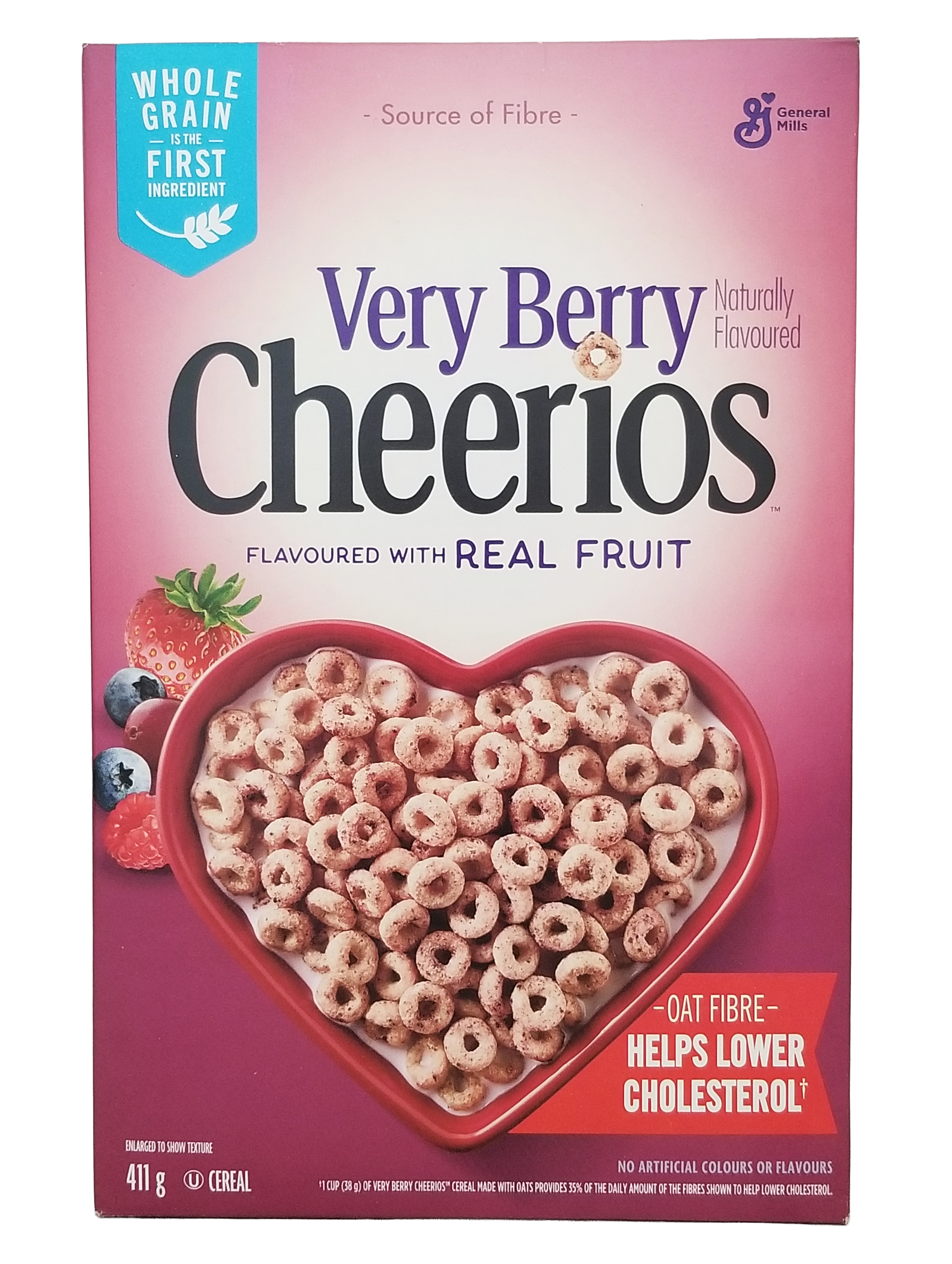 Box of Cheerios Very Berry Cereal, 411g/14.4 oz with heart-shaped bowl on pink background