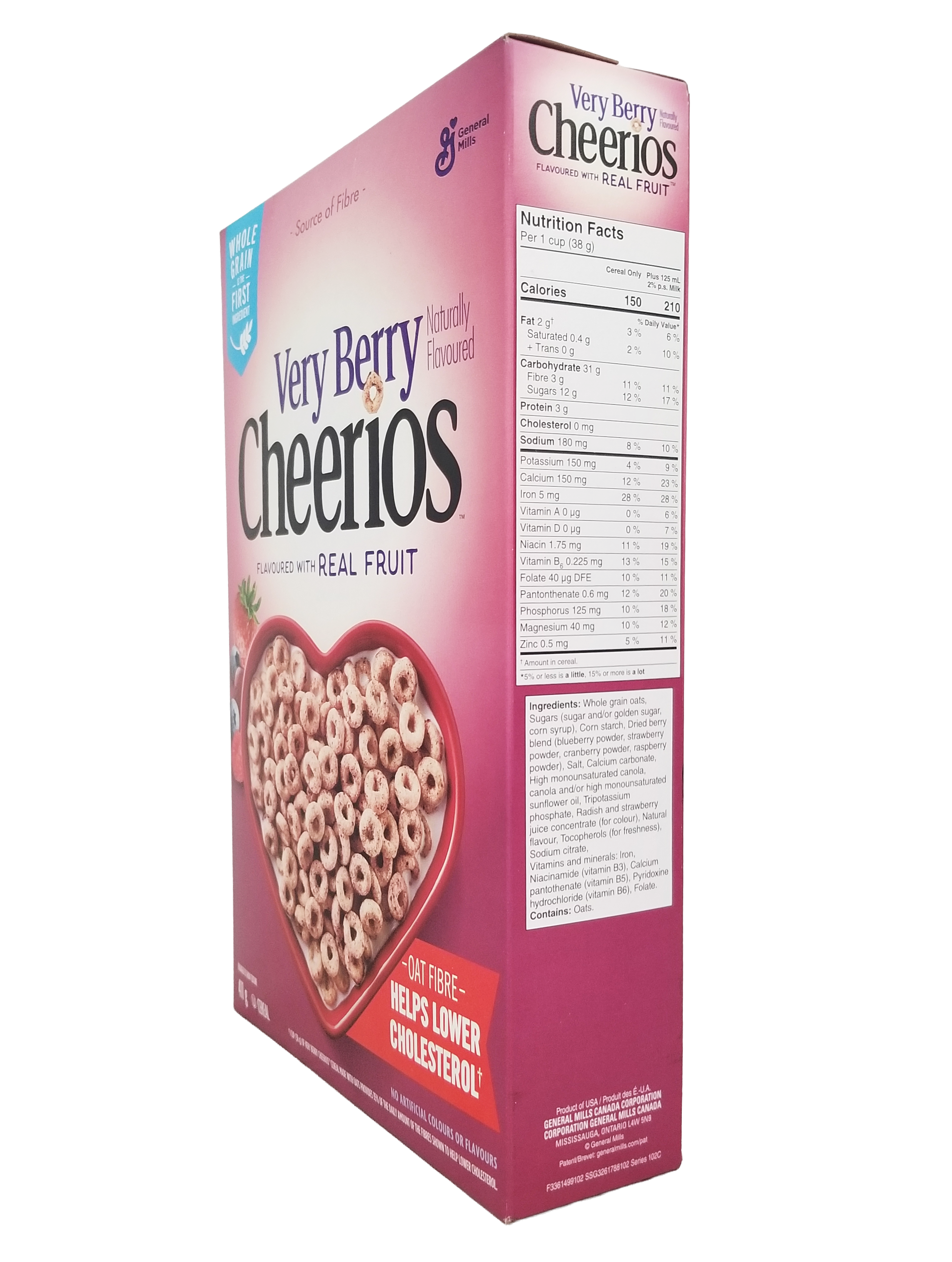 Cheerios Very Berry Cereal, 411g/14.4 oz with a heart-shaped design on a white background
