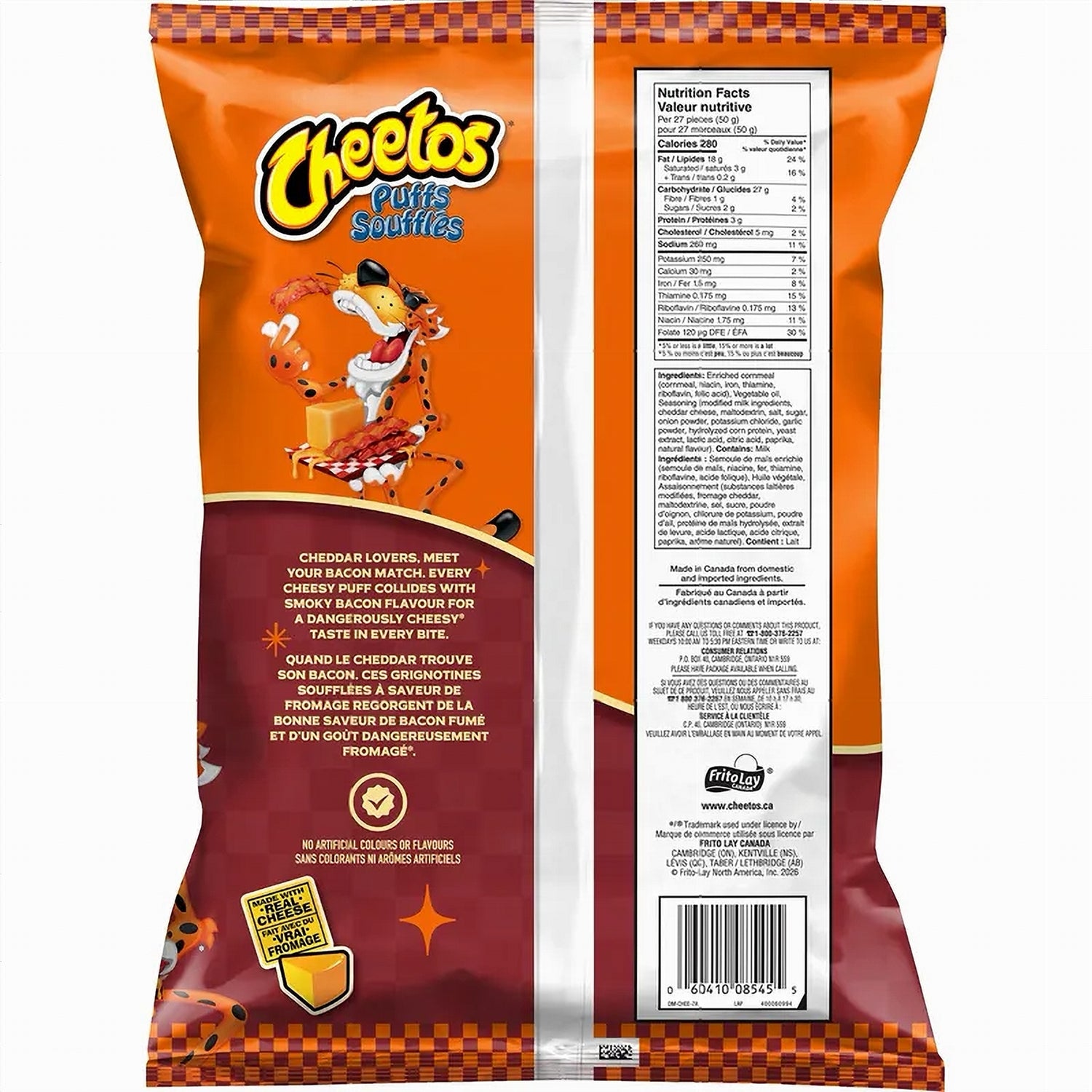 Back of a Cheetos Cheesy Bacon Flavored Corn Puffs 250g package with branding and nutritional information.