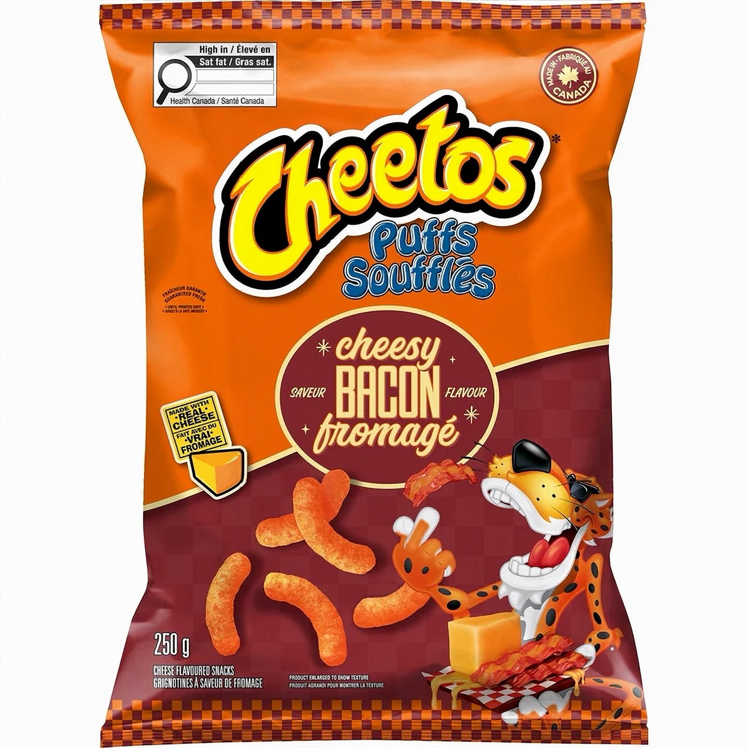 Front of a Cheetos Cheesy Bacon Flavored Corn Puffs 250g packaging on a white background