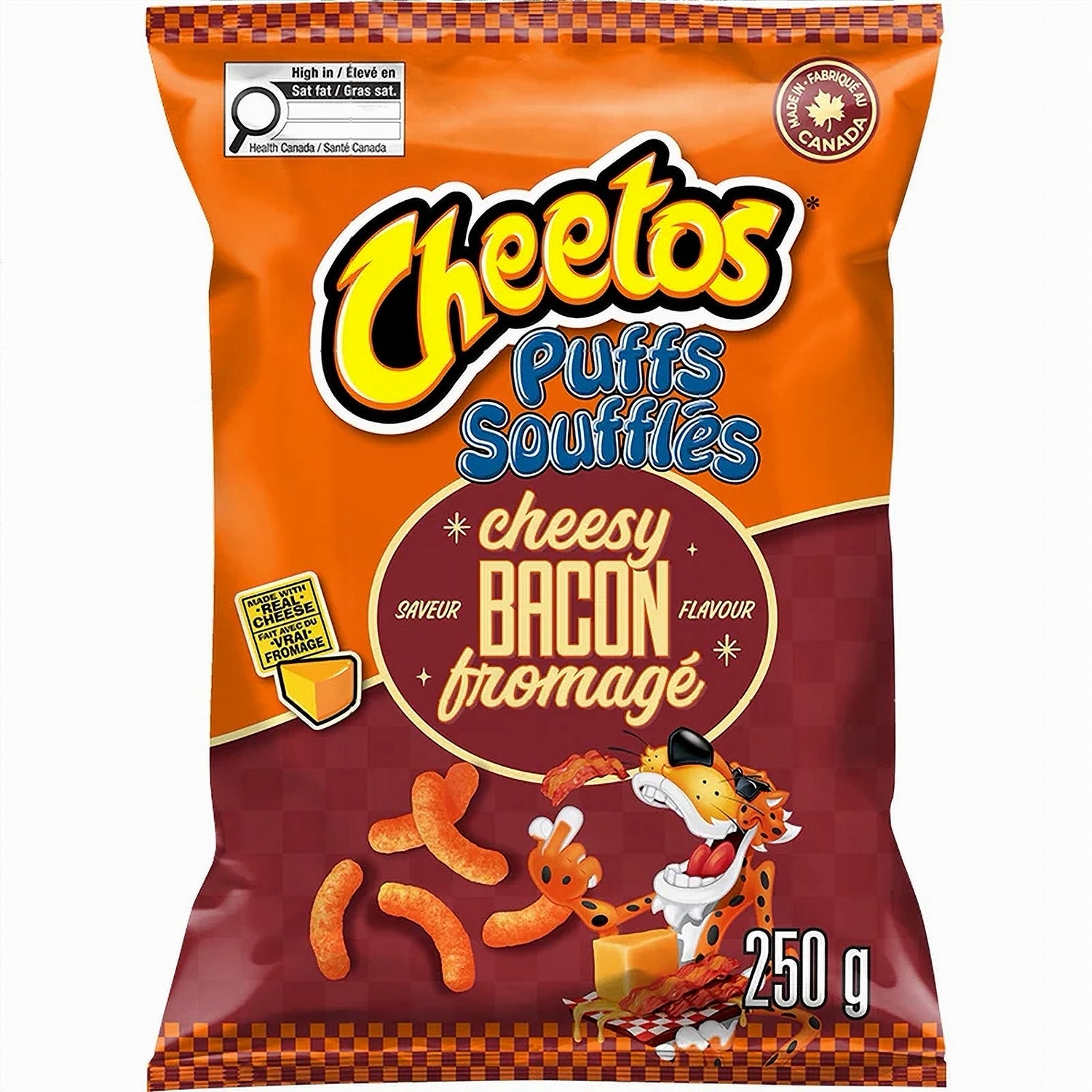 Cheetos Cheesy Bacon Flavored Corn Puffs 250g packaging on a white background