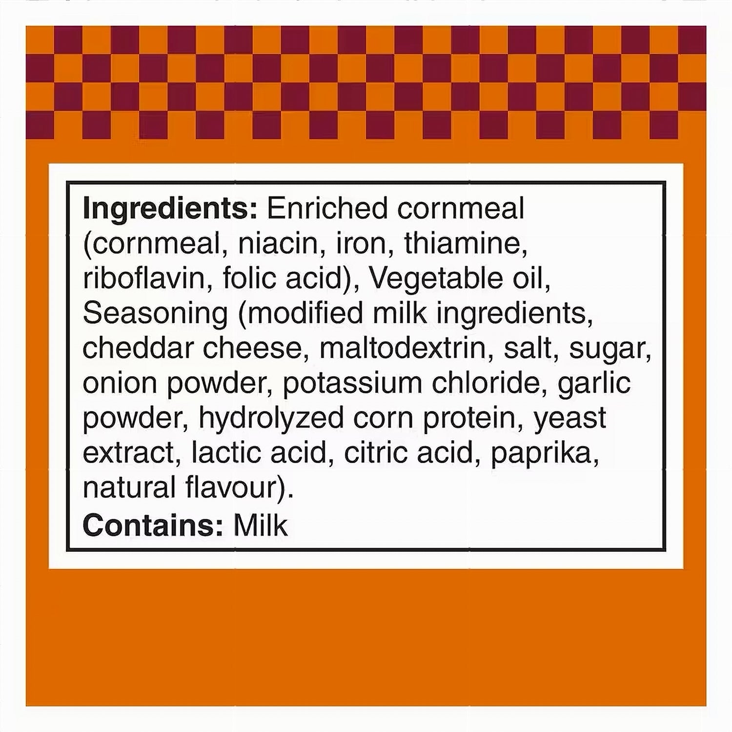 List of ingredients for Cheetos Cheesy Bacon Flavored Corn Puffs 250g on a label with a checkered border