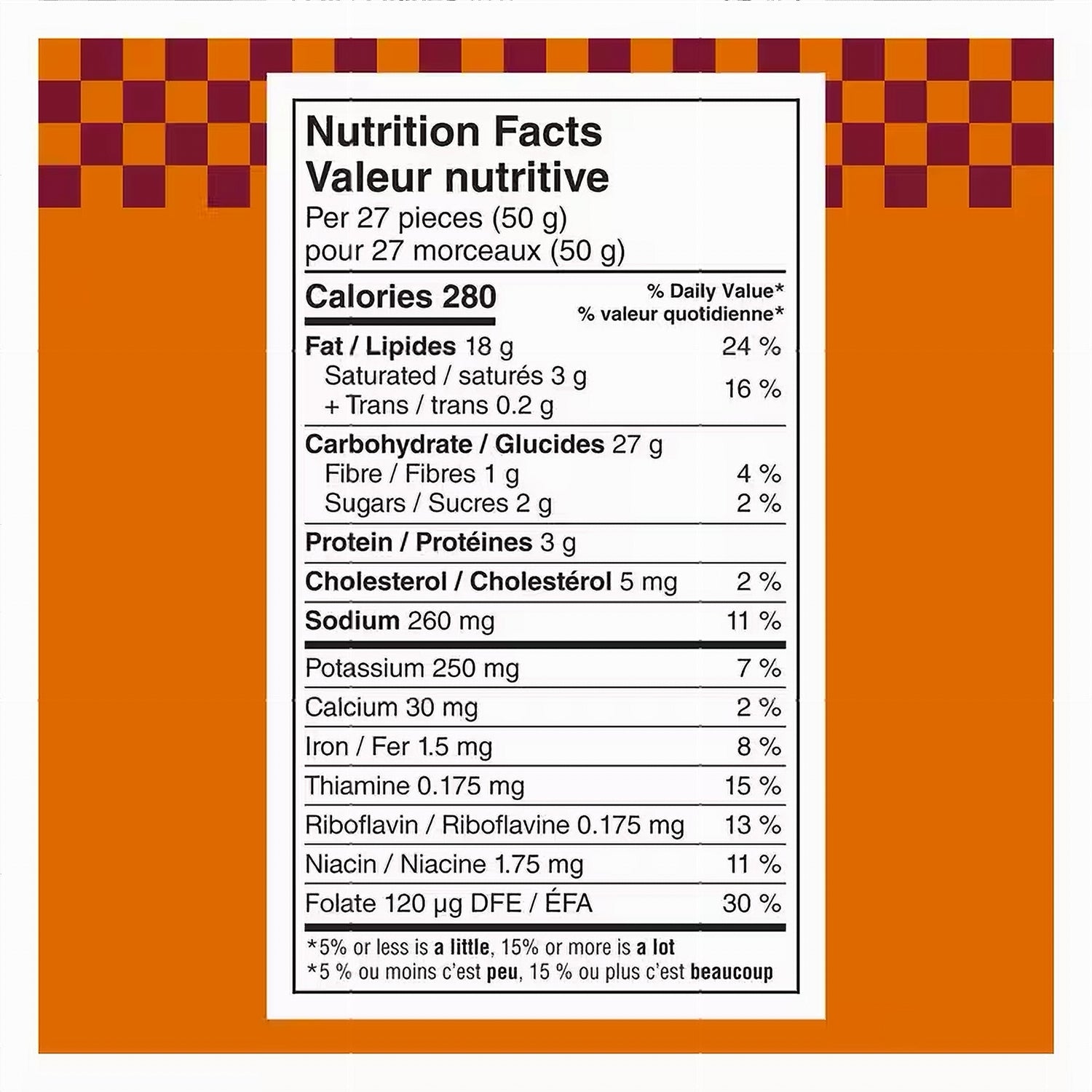 Nutrition facts label for Cheetos Cheesy Bacon Flavored Corn Puffs 250g on an orange background with a checkered border