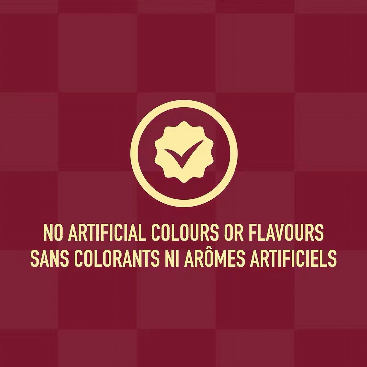 Checkmark symbol on a maroon background with text about artificial colors and flavors.