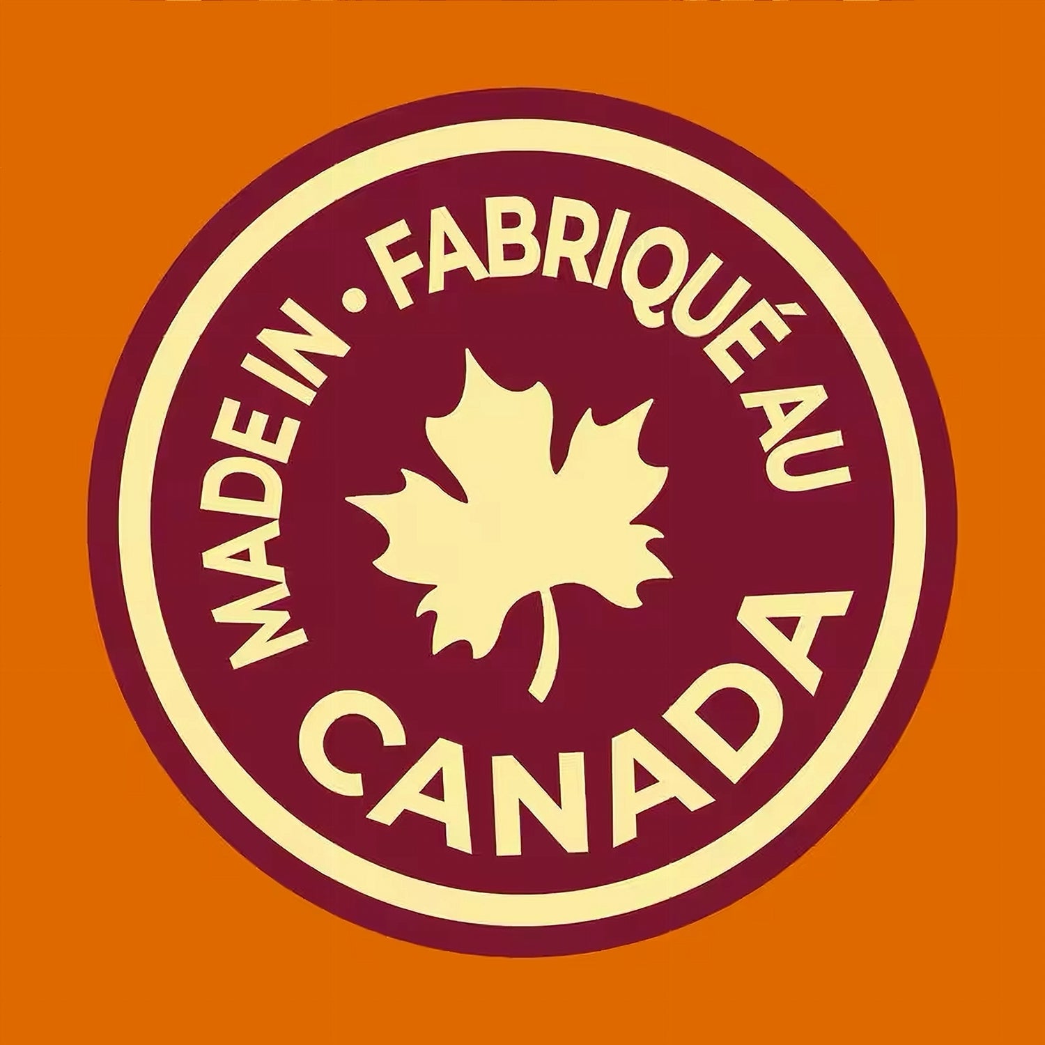 Logo with a maple leaf and 'Made in Canada' text on an orange background