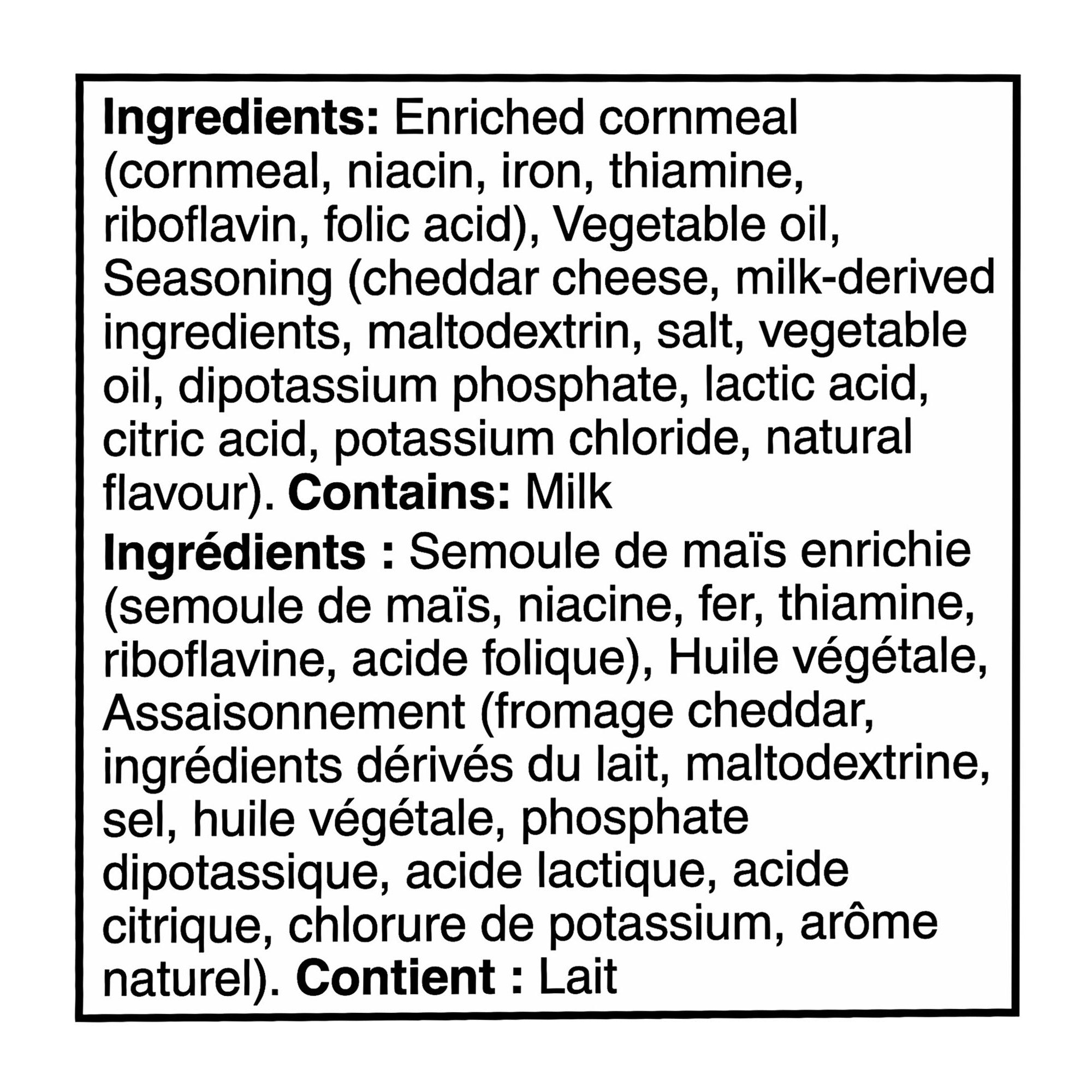 English and French ingredients for Cheetos Simply NKD puffs, listing cornmeal and cheddar cheese; contains milk.