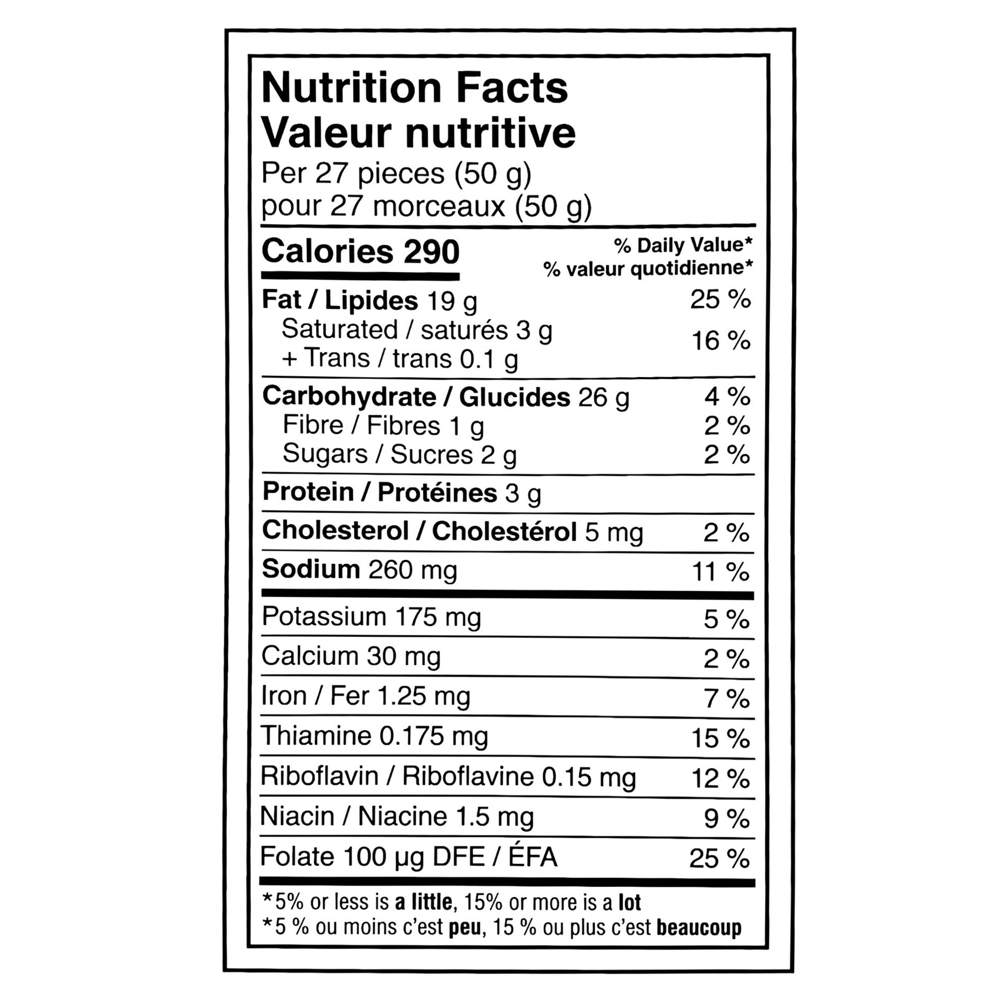 Bilingual Nutrition Facts for Cheetos Simply NKD puffs, showing 290 calories per 27 pieces (50 g).