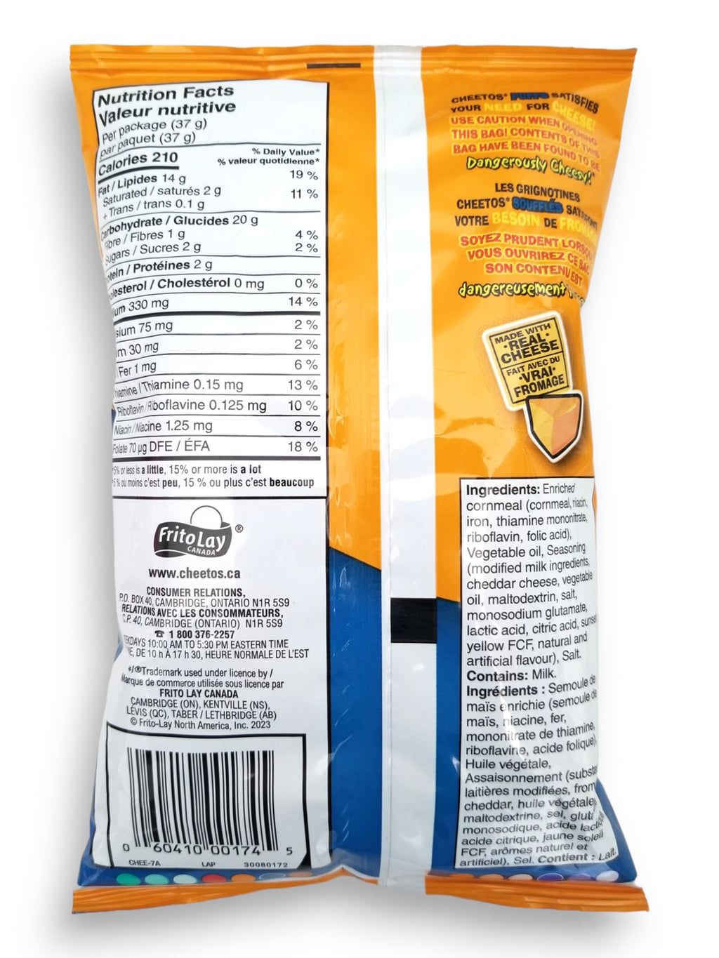 Cheetos Cheddar Cheese Flavored Puffs, 37g, back of bag.