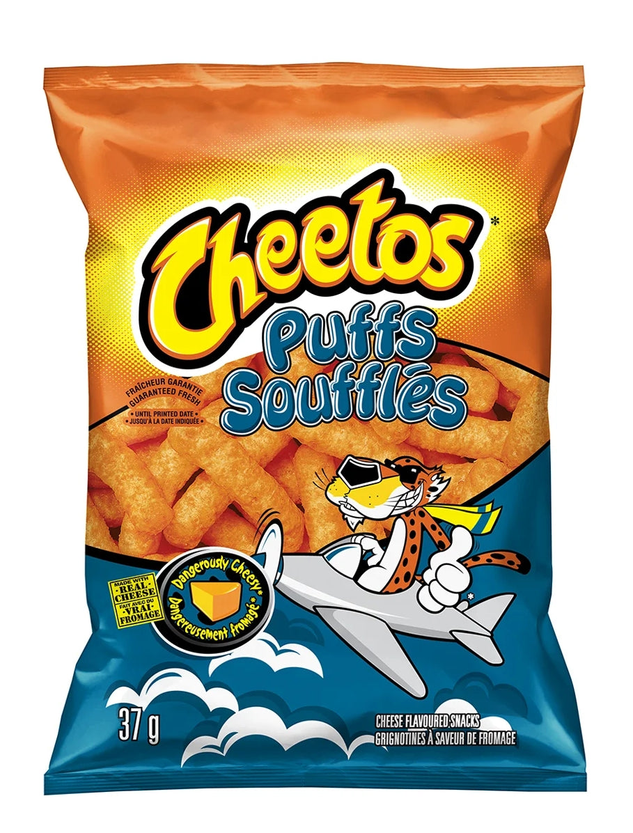 Cheetos Cheddar Cheese Flavored Puffs, 37g, front of bag.