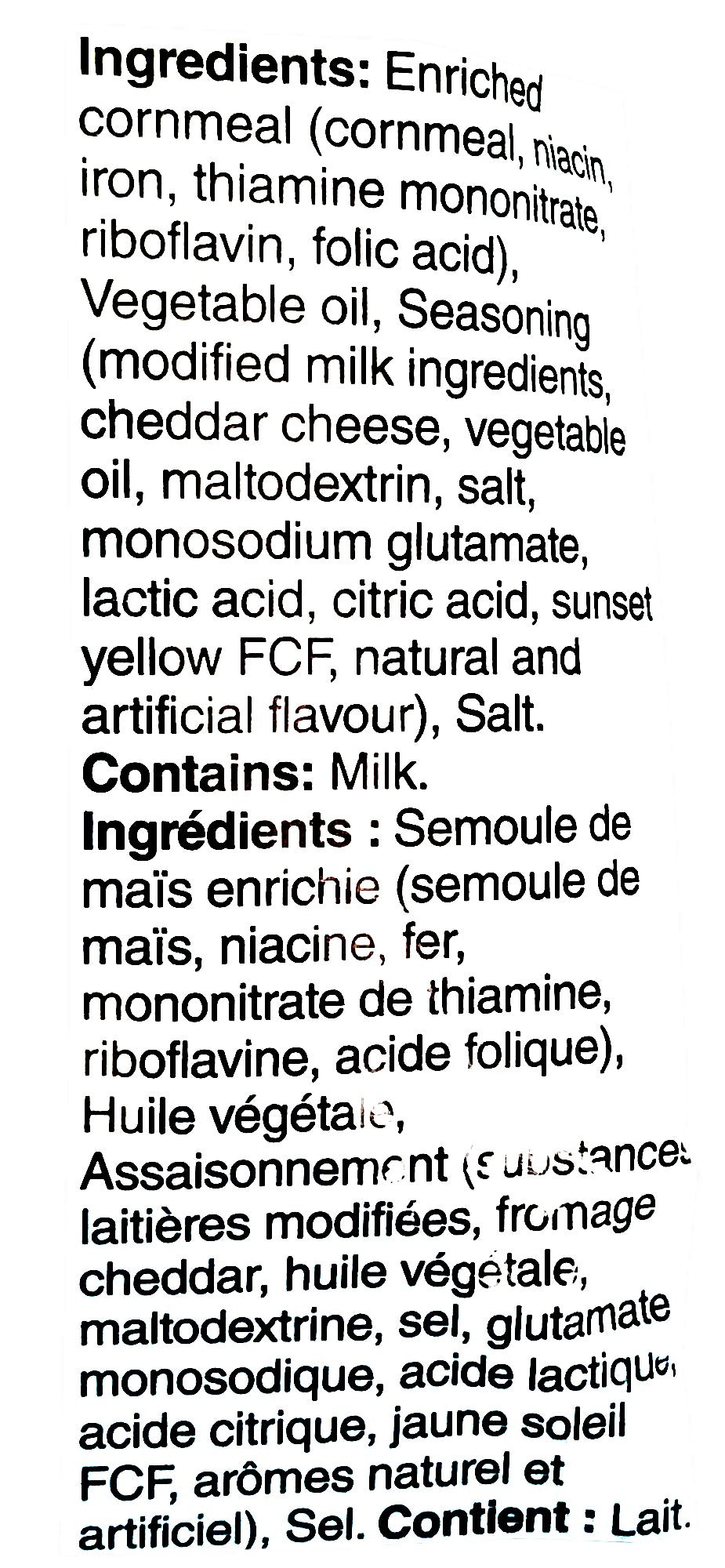 Cheetos Cheddar Cheese Flavored Puffs, 37g, ingredients label.