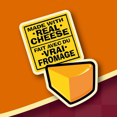 Cheese block with a sign indicating 'Made with Real Cheese' on an orange background