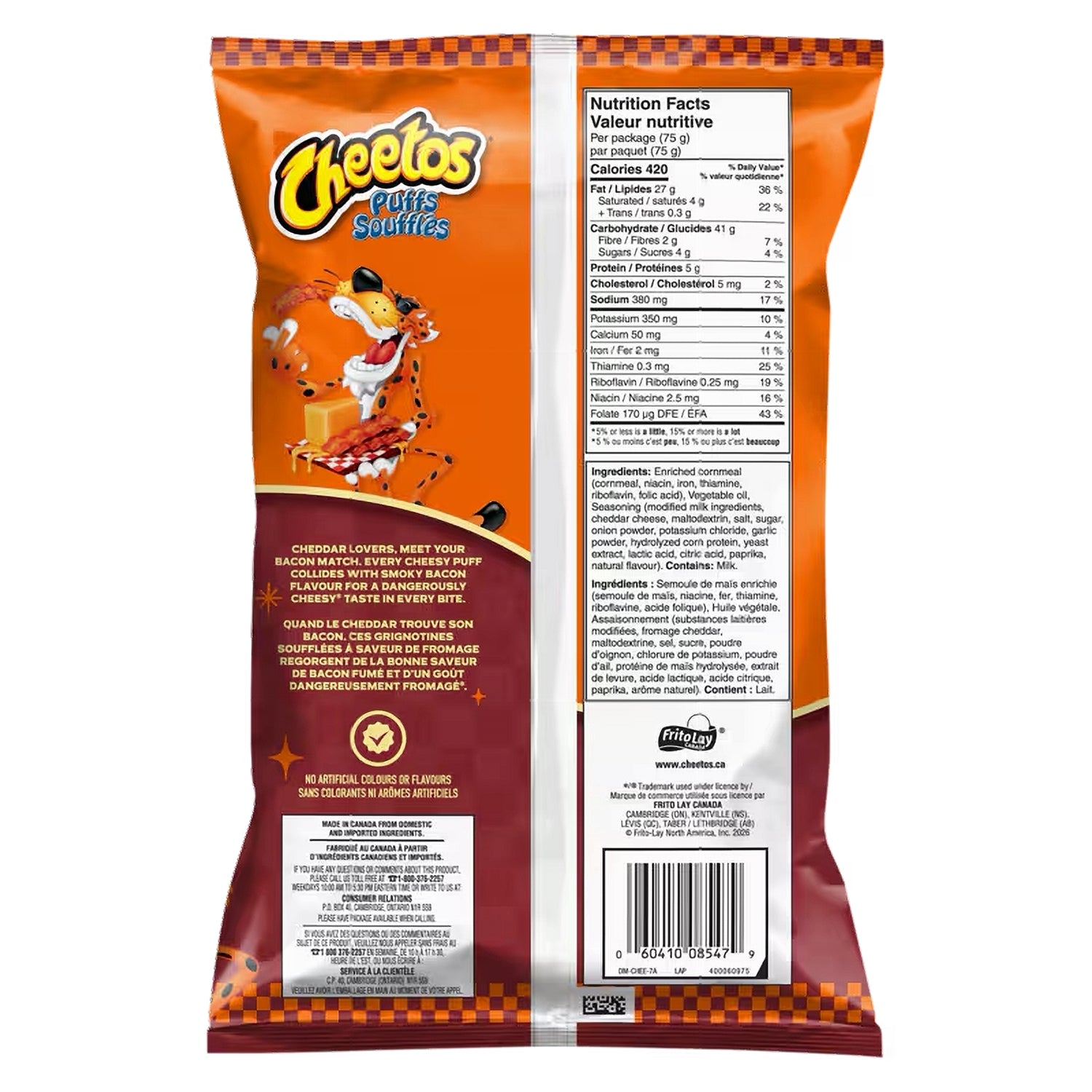 Back of a Cheetos Cheesy Bacon Flavored Corn Puffs 75g package with nutritional information on a white background